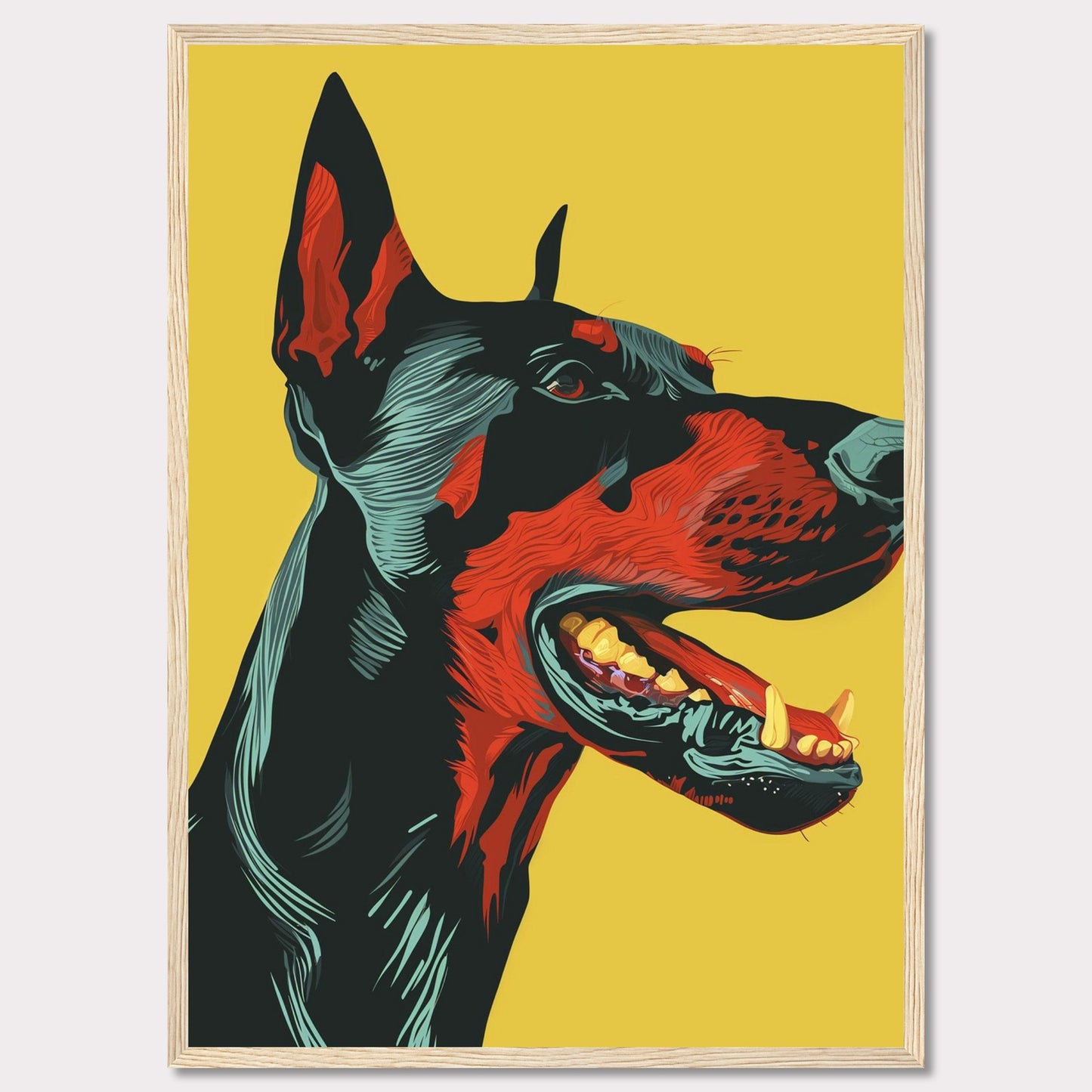 This vibrant artwork features a striking, stylized portrait of a Doberman against a bold yellow background. The detailed illustration showcases the dog's fierce expression with vivid red and black hues, emphasizing its strong and dynamic presence. The piece is framed in a sleek black border, enhancing its modern aesthetic.