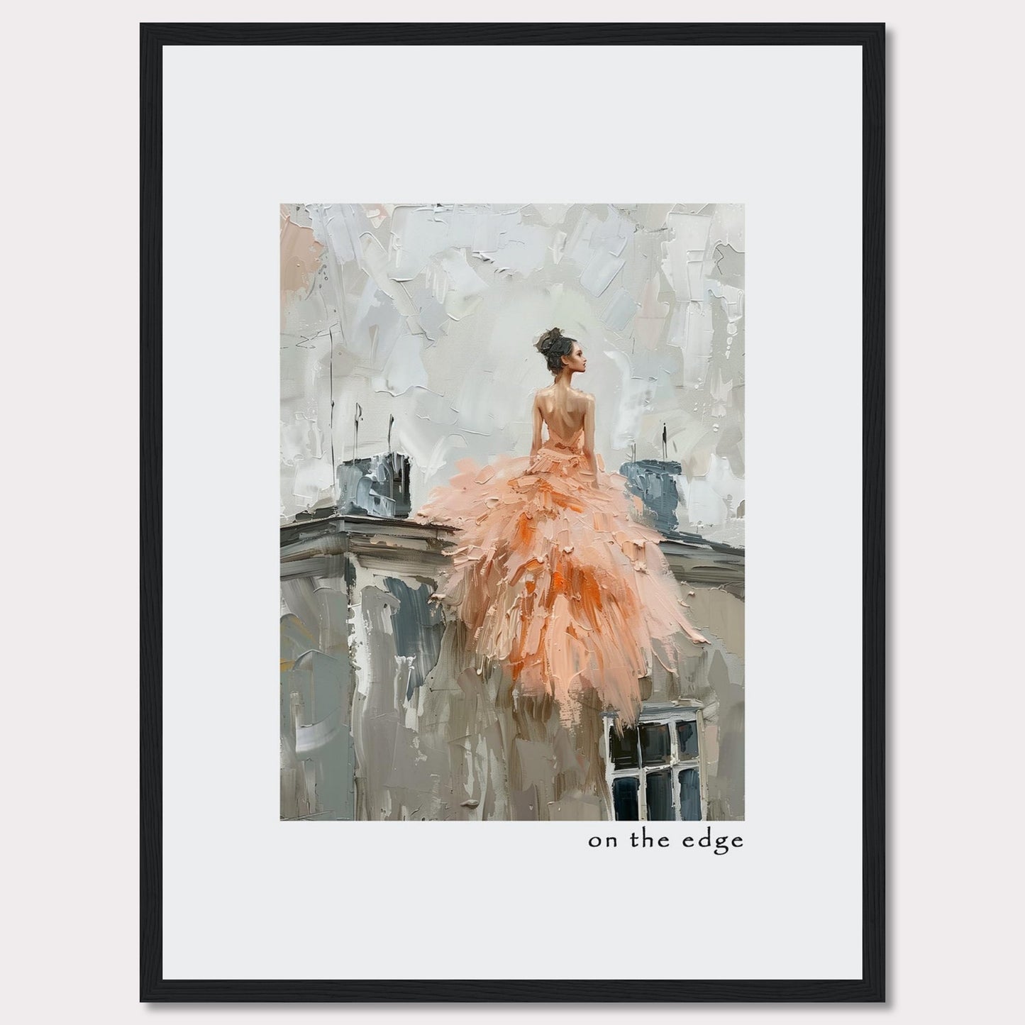 This captivating artwork depicts a woman in a flowing peach dress, standing on the edge of a rooftop. The painting's impressionistic style adds a dreamy, ethereal quality to the scene.