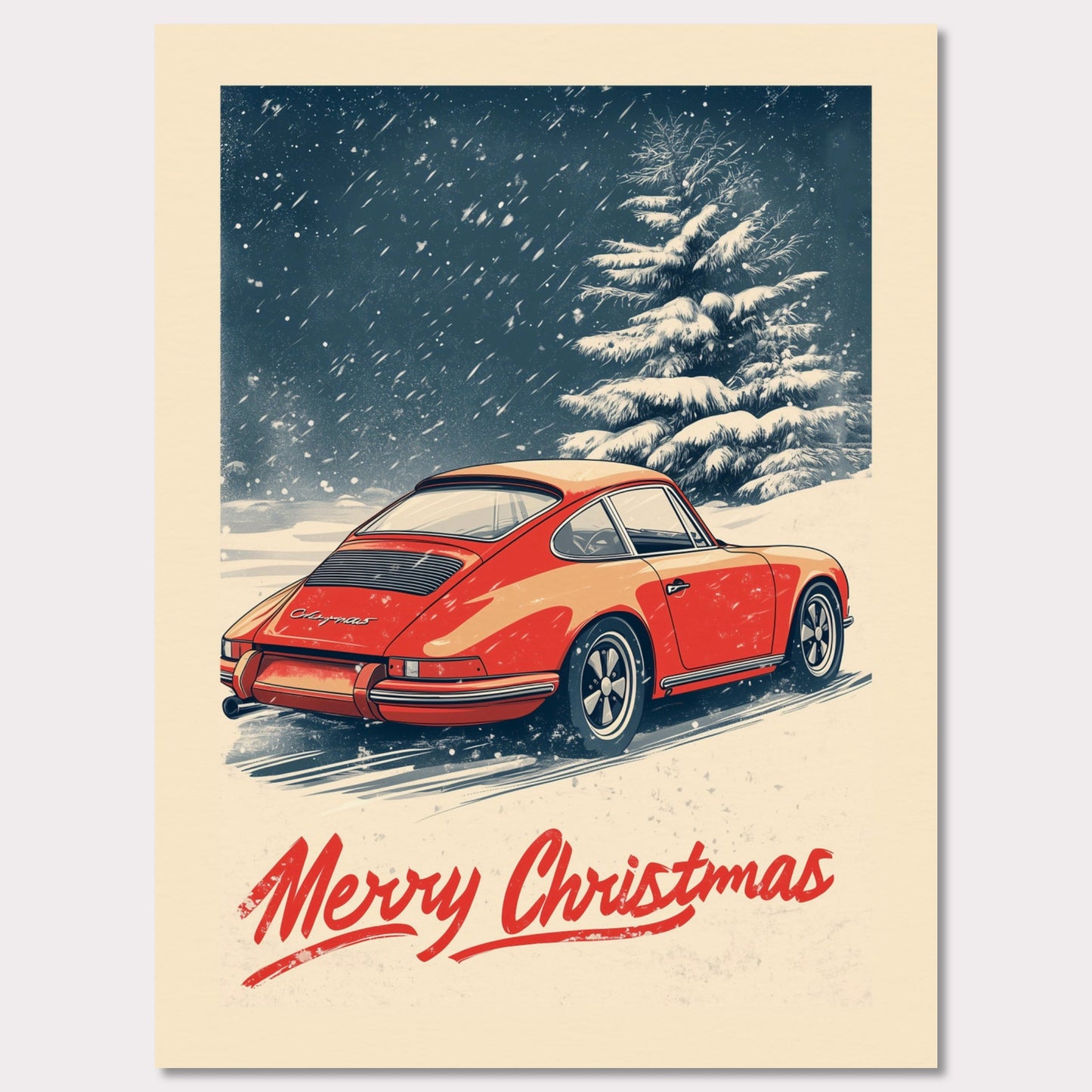 This nostalgic holiday poster features a striking red Porsche driving through a snow-covered landscape, with festive snowflakes gently falling around the scene. A snowy tree and soft winter hues create a cozy and festive atmosphere. The bold "Merry Christmas" typography adds an extra touch of holiday cheer, making it a perfect way to celebrate the season with a classic car enthusiast's touch.