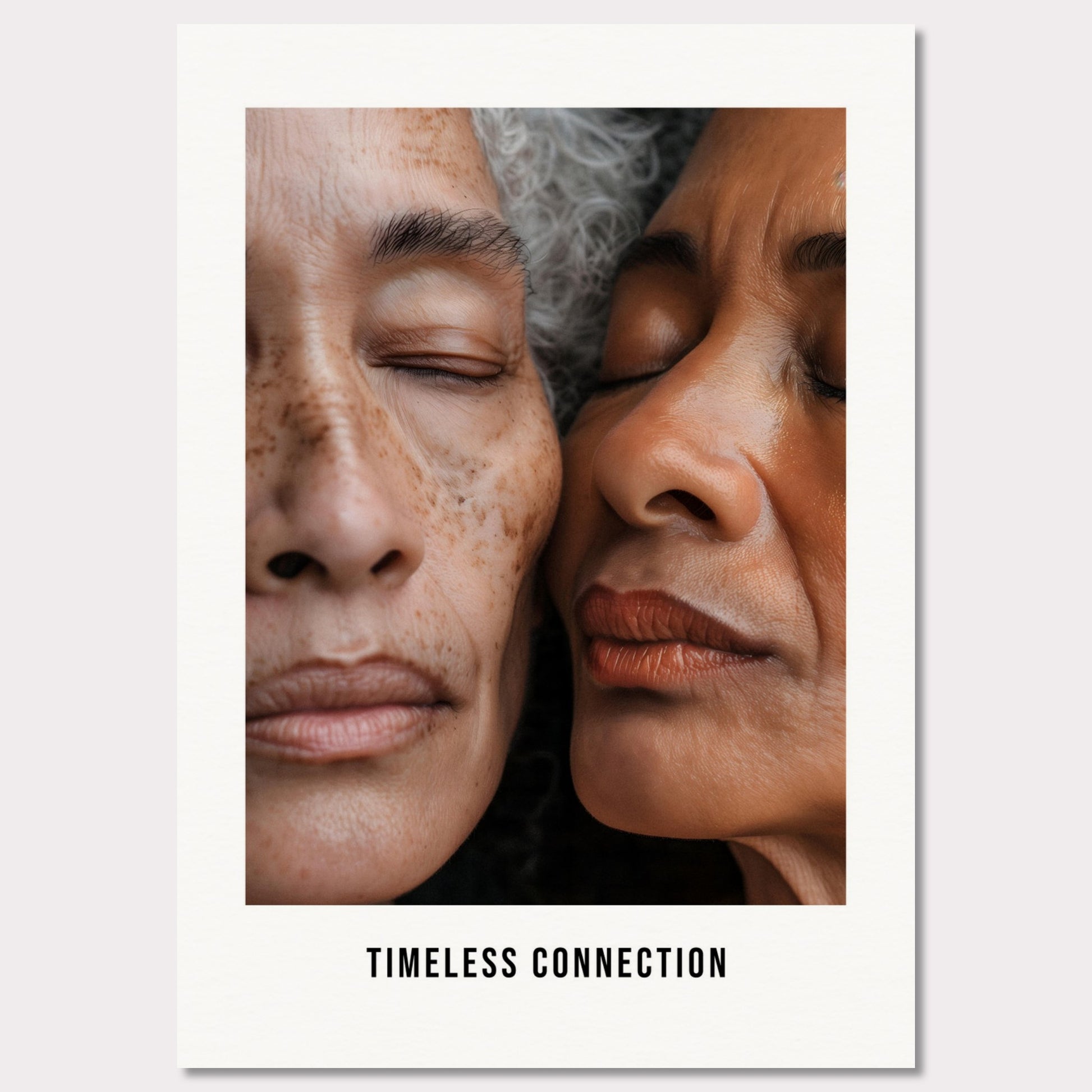 This illustration shows a close-up view of two elderly individuals with their eyes closed, conveying a sense of peace and connection. The text "TIMELESS CONNECTION" is displayed at the bottom.

This poster would fit well in a living room, bedroom, or any space meant for relaxation and reflection.