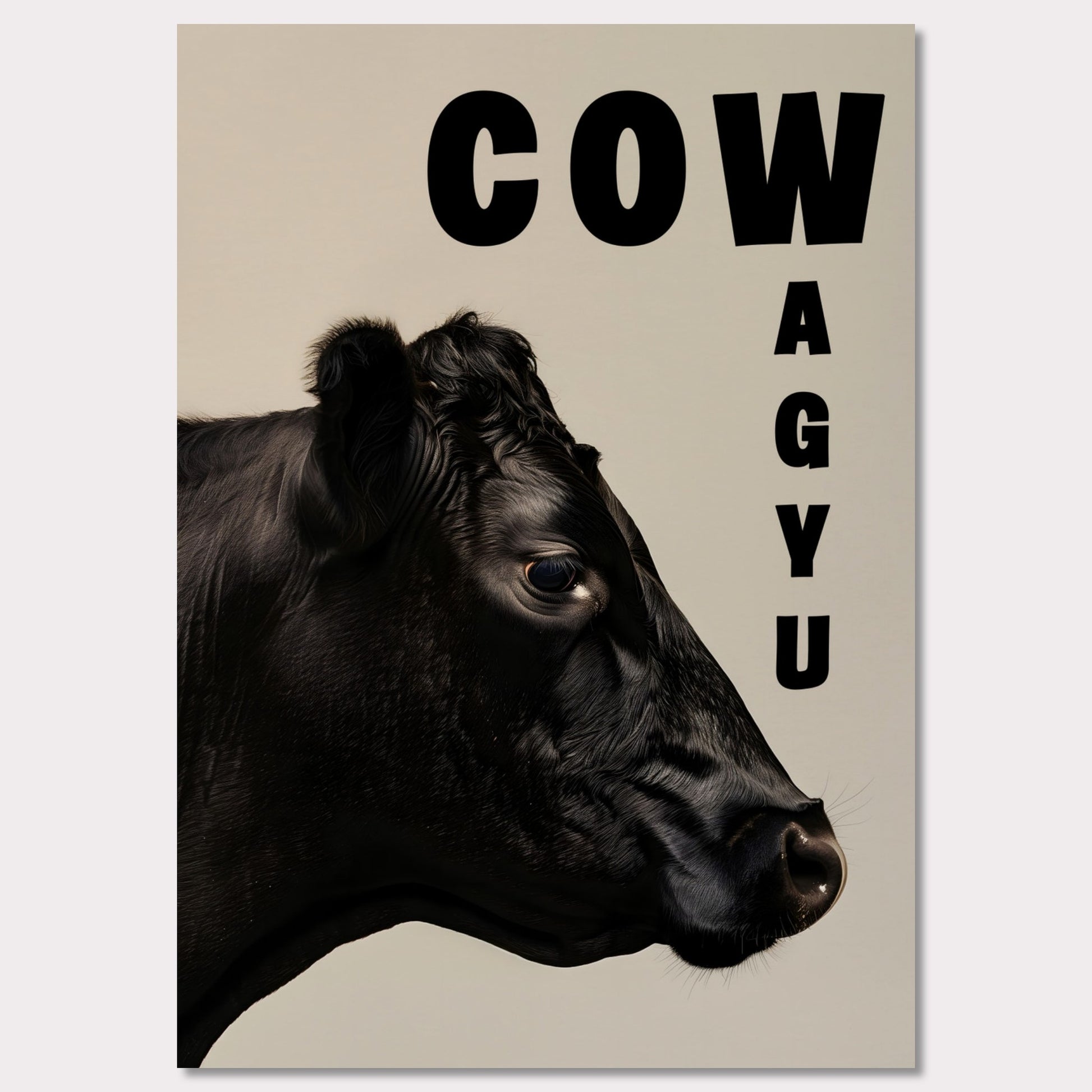 This image features a close-up profile of a black cow against a neutral background. The word "COW" is prominently displayed in bold black letters at the top, while the word "WAGYU" is arranged vertically on the right side.