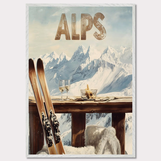 This vibrant poster captures the charm of après-ski culture with a rustic wooden terrace overlooking snow-covered mountains. The warm textures of fur throws and the elegant wine glasses create an inviting post-ski ambiance.