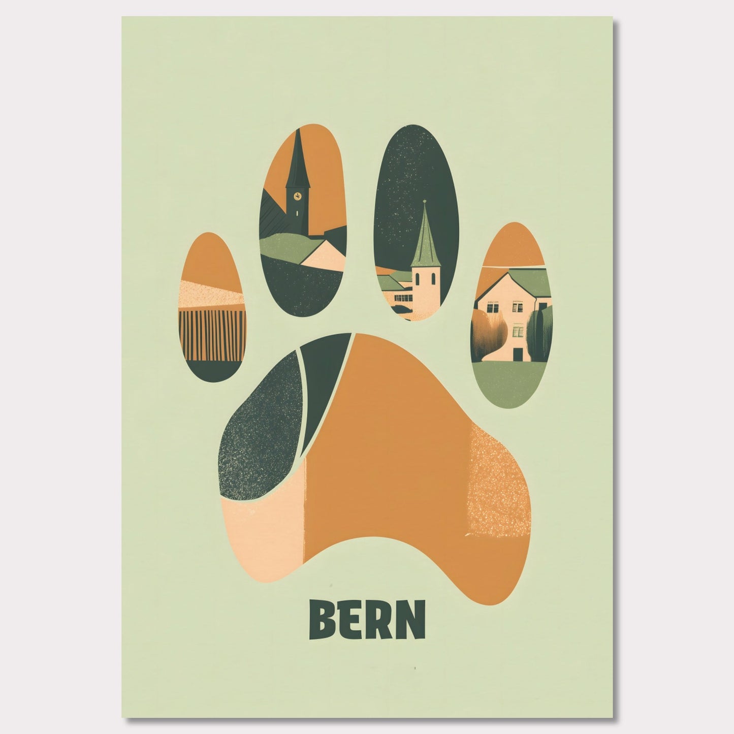 This unique poster blends the charm of Bern’s architecture with the city’s symbolic bear in an abstract, paw-print design. The warm earth tones and clean lines create a harmonious balance between modern minimalism and historical elements.