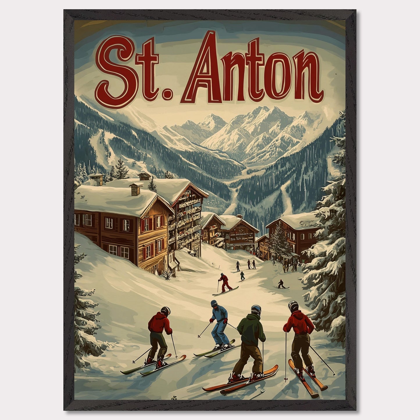 This stunning vintage-inspired poster depicts the idyllic town of St. Anton nestled beneath towering snow-capped peaks. The ski slopes are alive with activity, with skiers descending toward the charming wooden chalets. The warm hues in the sky add a sense of tranquility to the winter landscape, while the retro typography and art style transport the viewer to a time when winter holidays in the Alps were the height of elegance and adventure.