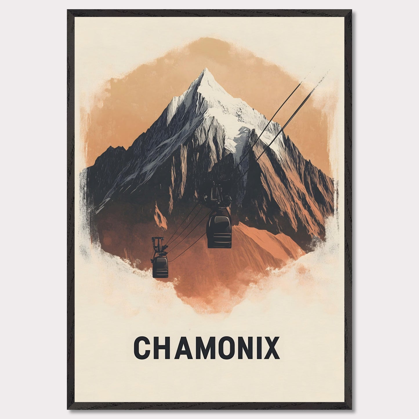 This minimalist poster artfully presents Chamonix, France, a legendary alpine destination known for its dramatic peaks and thrilling ski slopes. The sharp, stylized mountain silhouette contrasts beautifully with the soft sky, creating a bold yet harmonious composition. The subtle shading adds depth, bringing the grandeur of Mont Blanc to life.