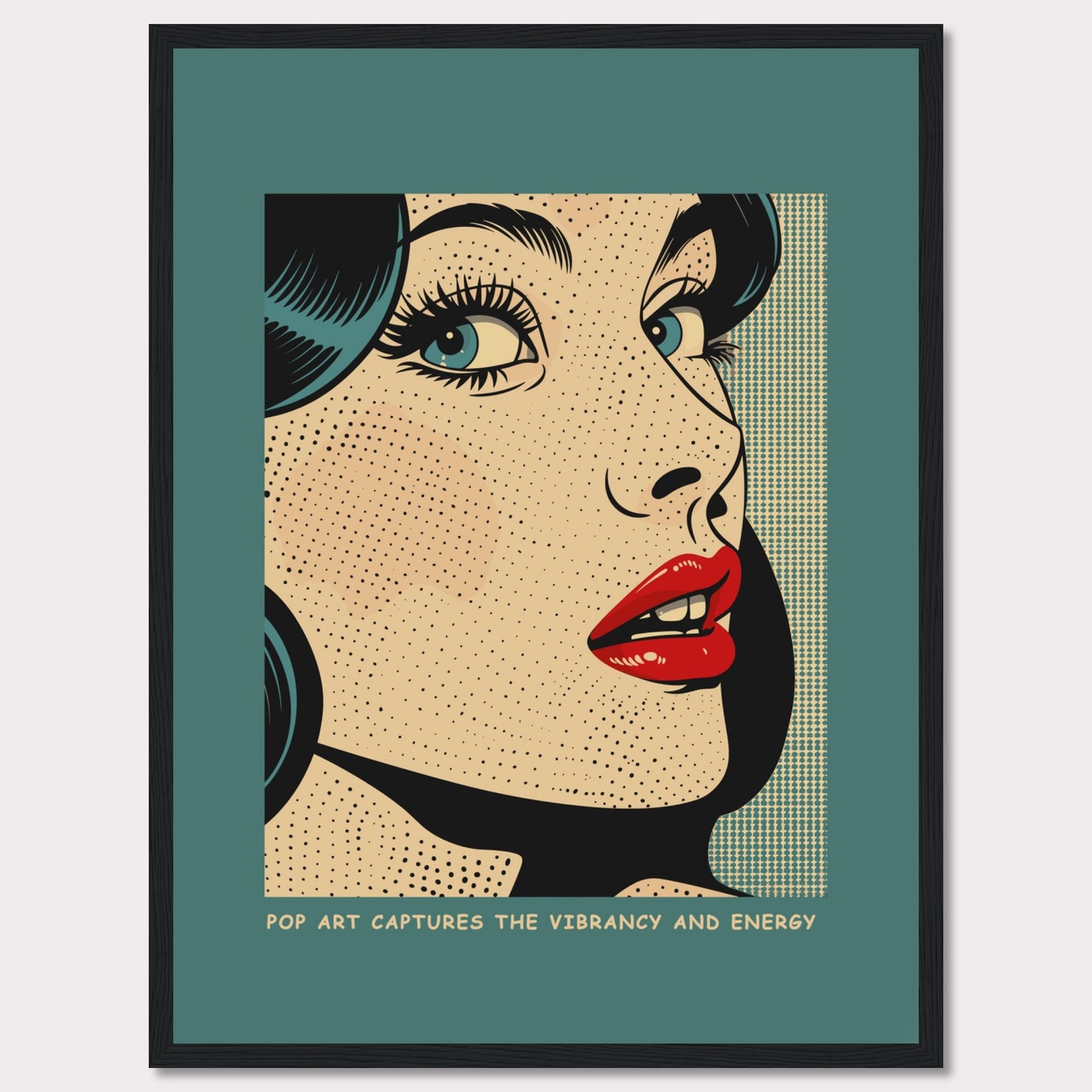 This striking pop art piece features a close-up of a woman's face, characterized by bold lines and vibrant colors. The artwork captures the essence of 1960s pop art with its dotted texture and expressive style.