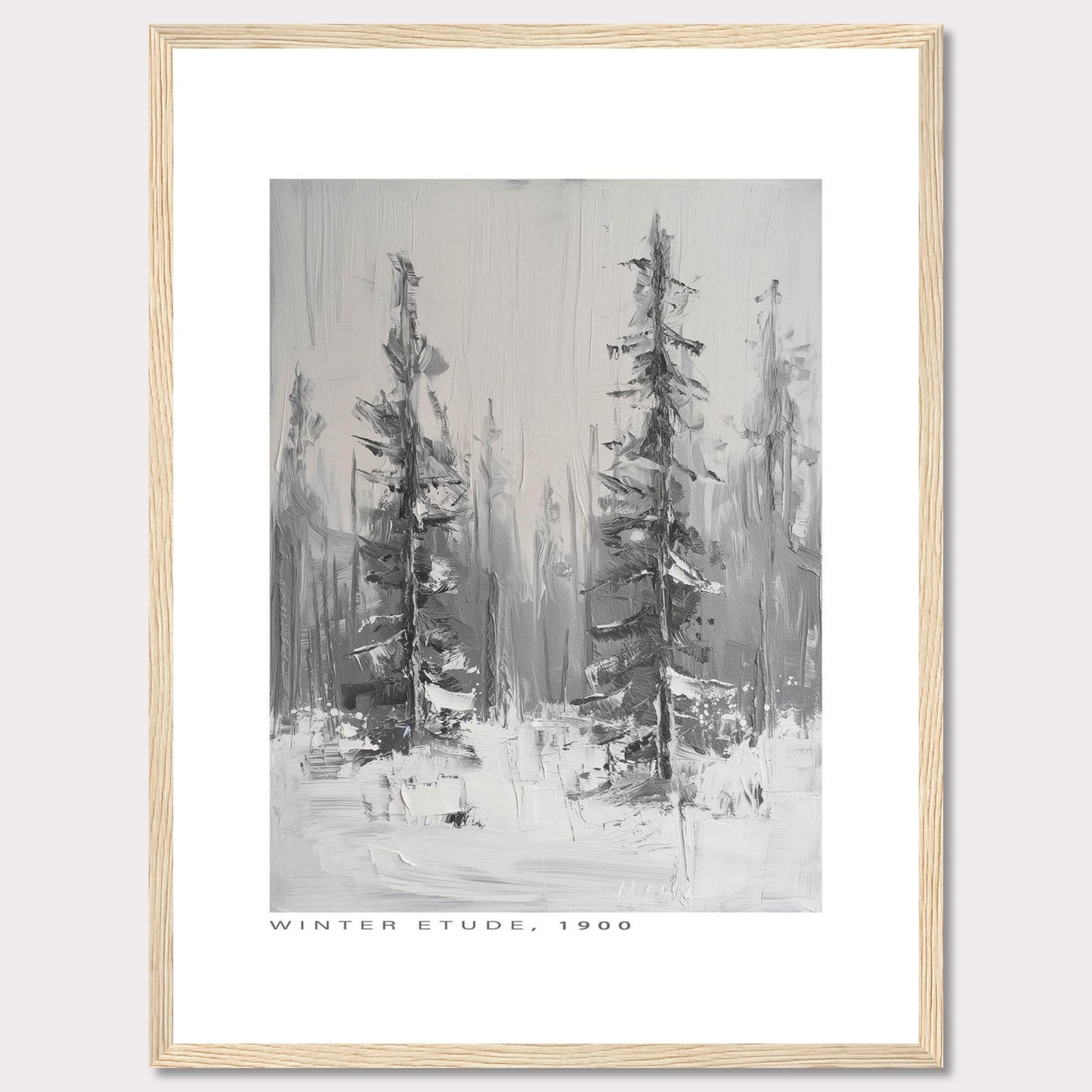 This image showcases a framed painting titled "Winter Etude, 1900". The artwork depicts a serene winter landscape with two prominent trees standing tall amidst a snowy backdrop. The painting is done in grayscale, emphasizing the cold and tranquil atmosphere of winter.