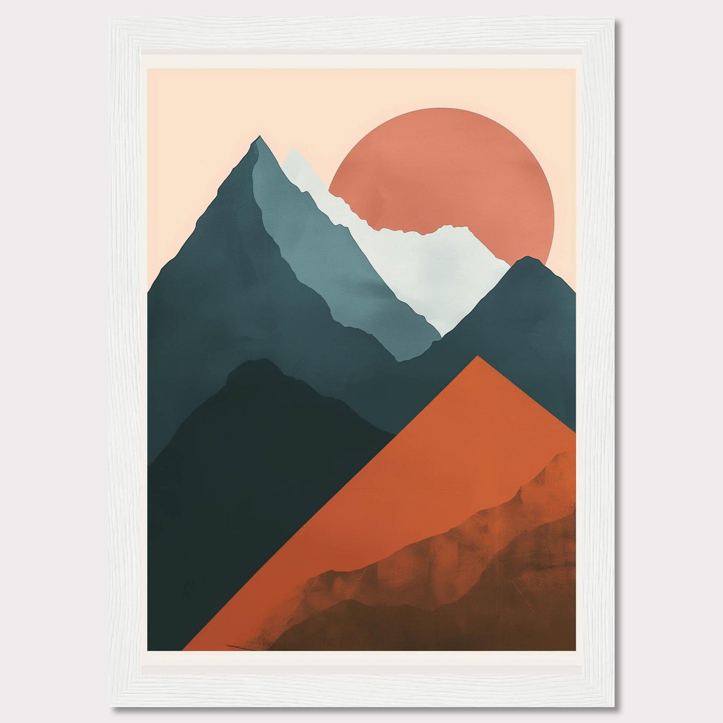 This is a modern, abstract art print featuring a mountain landscape with a large sun setting in the background. The artwork uses bold, contrasting colors to create a striking visual impact.