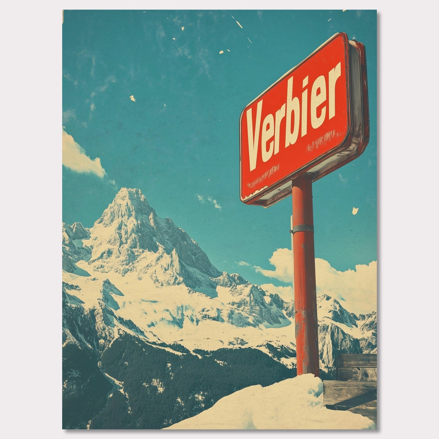 This striking retro-style poster showcases the iconic "Verbier" sign against the backdrop of towering snow-covered peaks and a bright blue sky. The rustic sign, partially worn by time, perfectly complements the expansive, untouched wilderness of the Swiss Alps. The vintage color palette and texture evoke a sense of nostalgia, capturing the allure of Verbier as a timeless destination for adventure and escape into nature’s beauty.