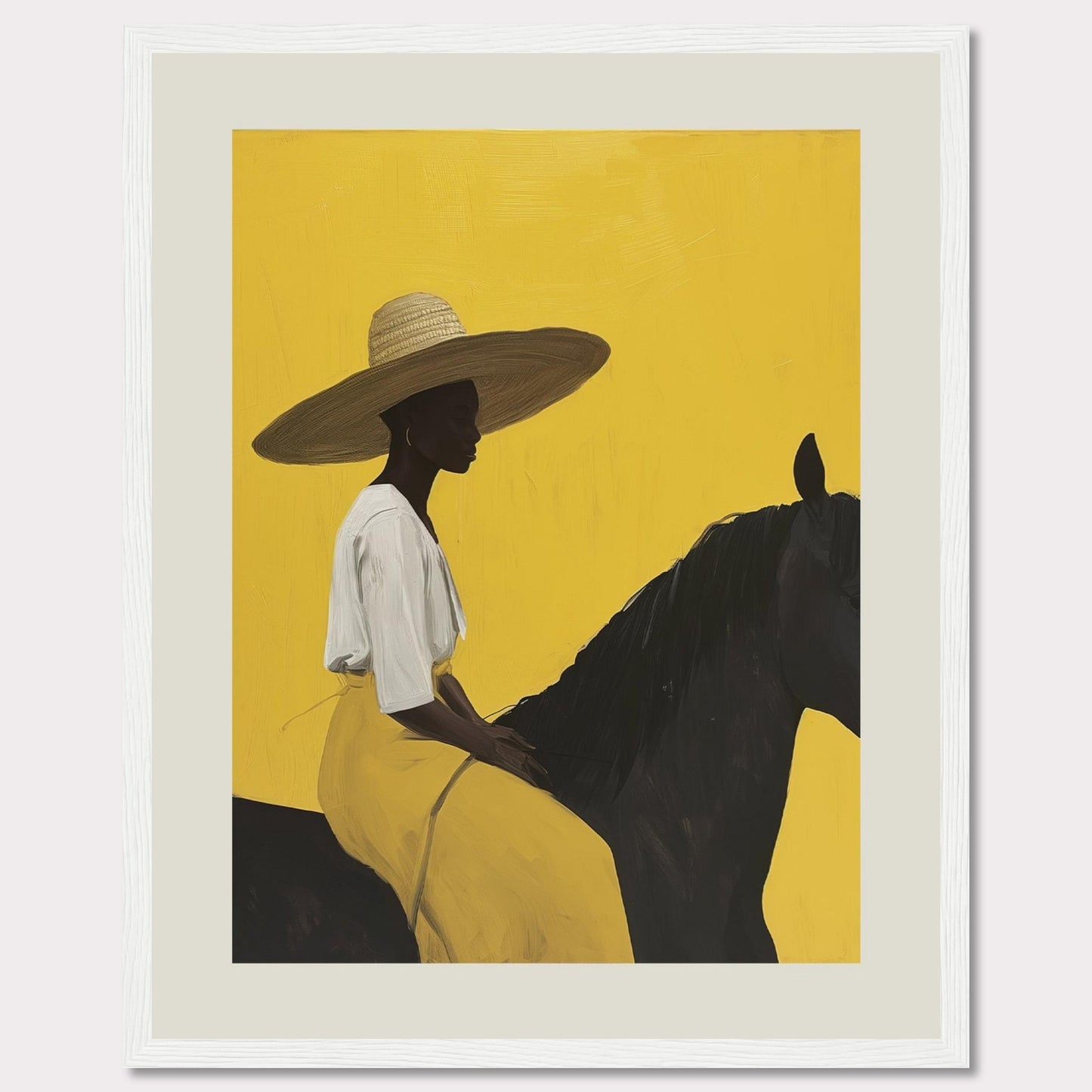 This striking artwork features a silhouette of a person wearing a wide-brimmed hat, seated on a dark horse against a vibrant yellow background. The figure is adorned in a white top and yellow skirt, exuding elegance and tranquility.