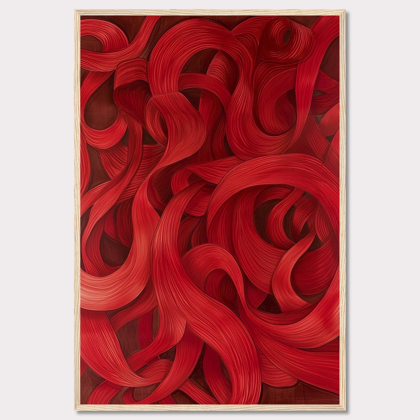 This captivating artwork features a mesmerizing array of red swirls and curves, creating a dynamic and flowing visual experience. The intricate details and rich hues draw the viewer in, evoking a sense of movement and passion.