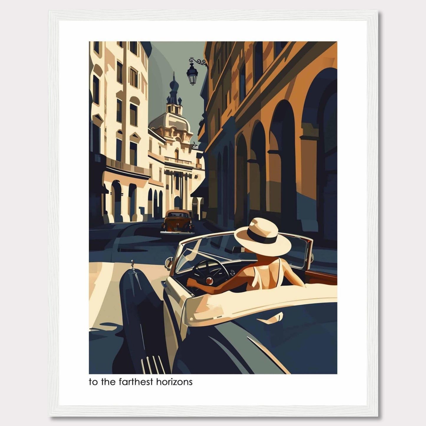 This captivating artwork depicts a stylish individual driving a vintage car through a charming, sunlit European street. The scene is filled with architectural beauty, showcasing classic buildings and a serene atmosphere.