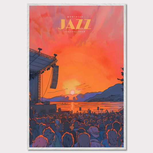 This vibrant poster showcases the Montreux Jazz Festival 2024, capturing the essence of a live outdoor concert at sunset. The scene is set with a large crowd facing a stage where a musician performs against a backdrop of a stunning sunset over a lake and mountains.