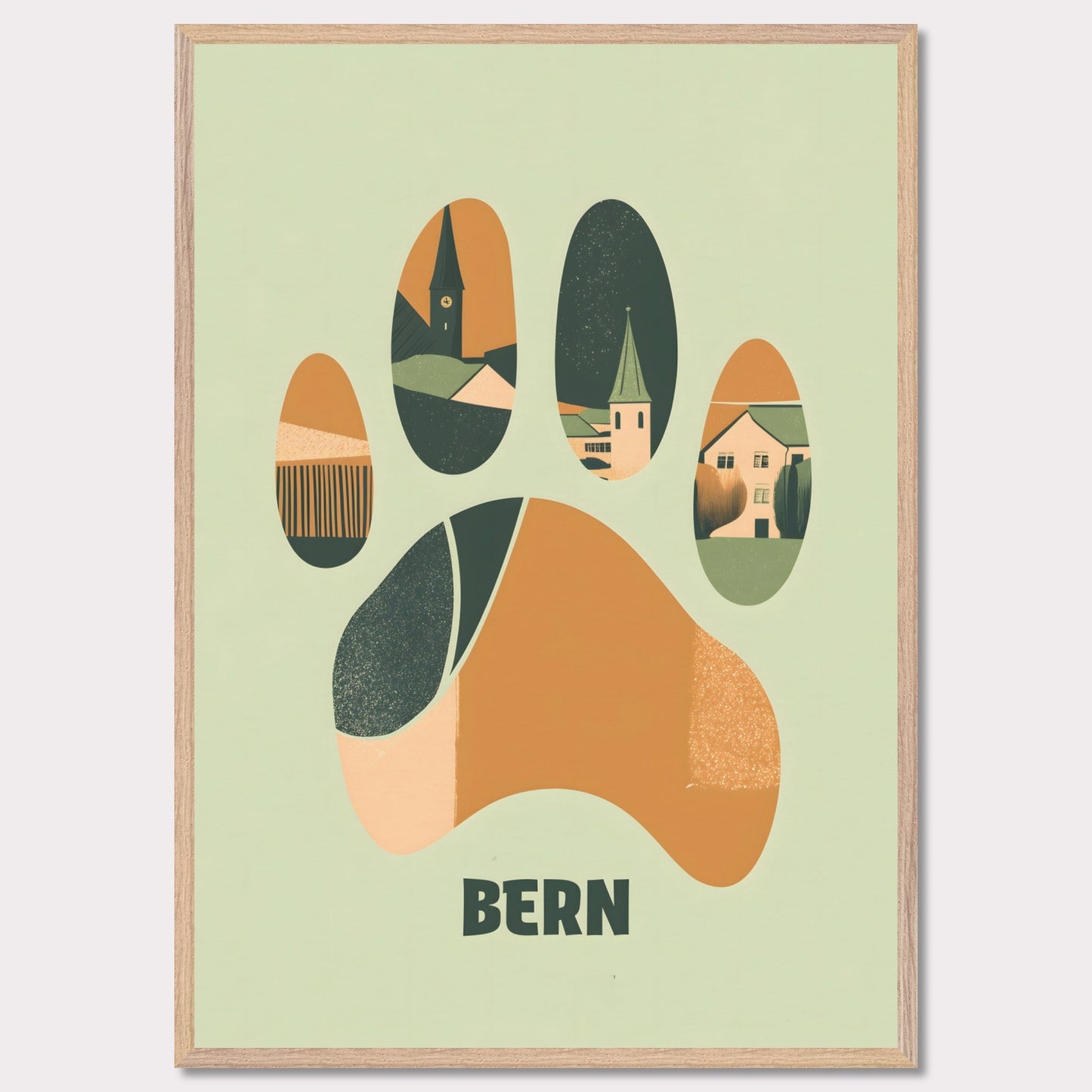 This unique poster blends the charm of Bern’s architecture with the city’s symbolic bear in an abstract, paw-print design. The warm earth tones and clean lines create a harmonious balance between modern minimalism and historical elements.