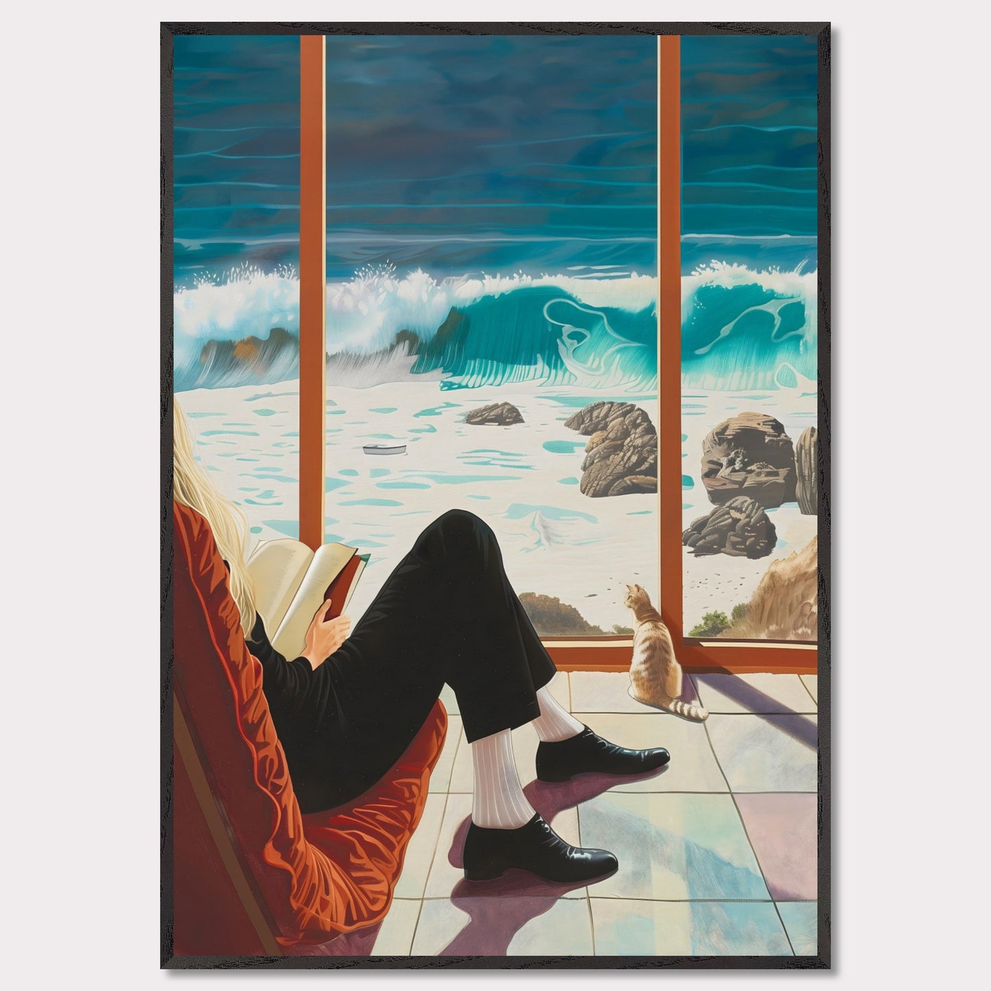 This captivating artwork depicts a serene scene where a person is sitting comfortably by a large window, reading a book. Outside, the ocean waves crash against the rocky shore, creating a mesmerizing view. A cat sits by the window, also gazing at the beautiful seascape.