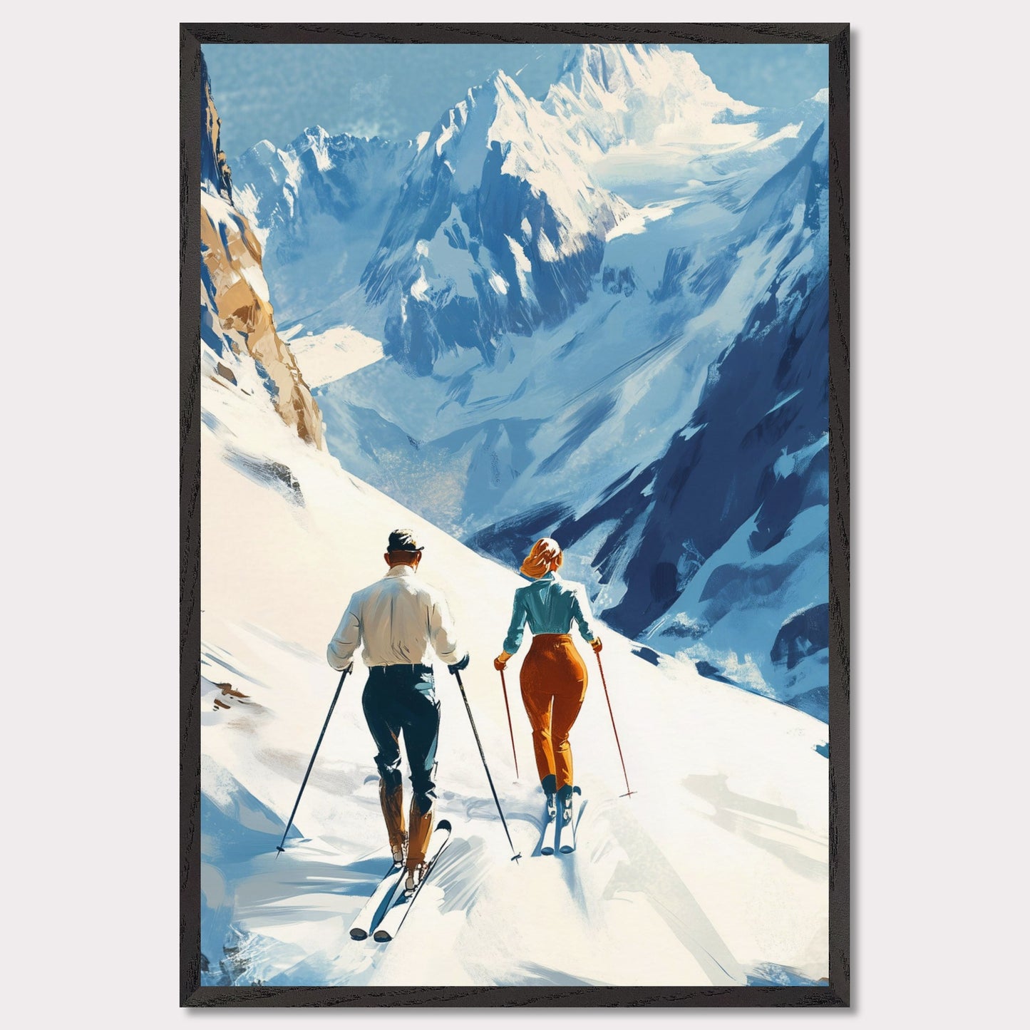 This retro poster captures the elegance and adventure of alpine skiing in Switzerland, circa 1960. Two fashionable skiers glide down the pristine snow with majestic mountains towering in the background. The vibrant colors of their outfits contrast beautifully against the white landscape, while the bold lettering emphasizes the stylish allure of alpine sports.