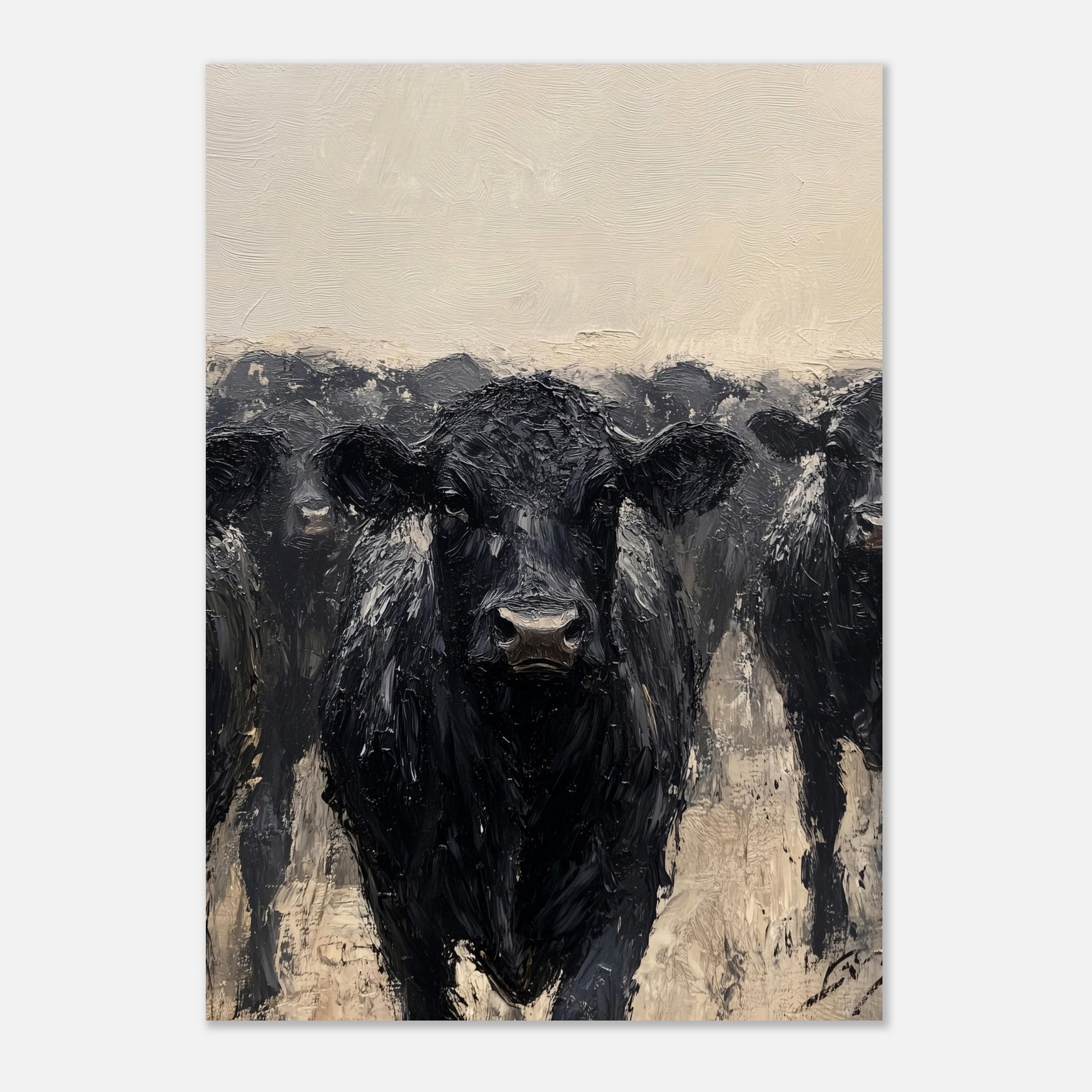 This striking painting captures the intense gaze of a black cow, surrounded by its herd. The textured brushstrokes and muted color palette create a powerful and captivating image.