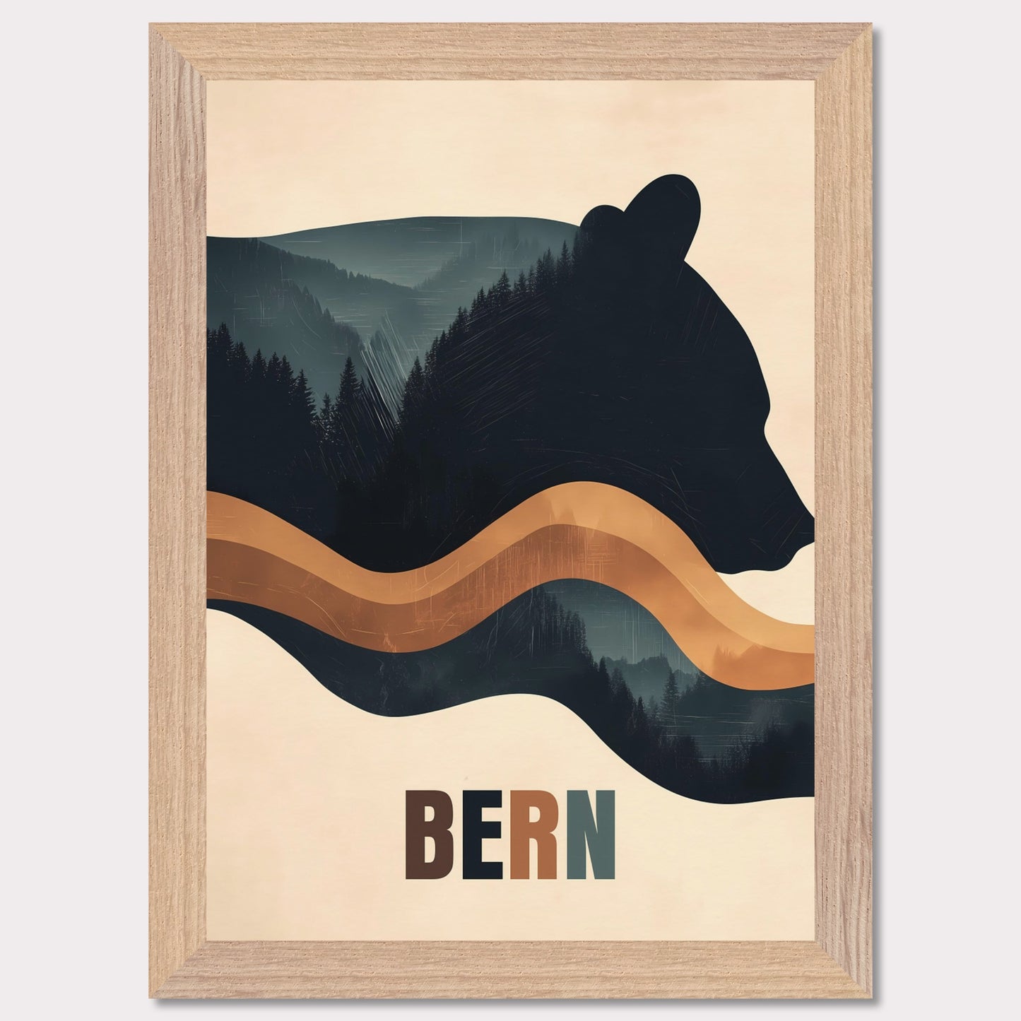 This elegant poster captures the harmony between nature and Bern’s cultural heritage. The silhouette of a bear, the city’s symbol, seamlessly blends with dense forests and flowing lines, creating a sense of tranquility and connection with the surroundings. The minimalist style and warm color palette give the artwork a modern aesthetic.