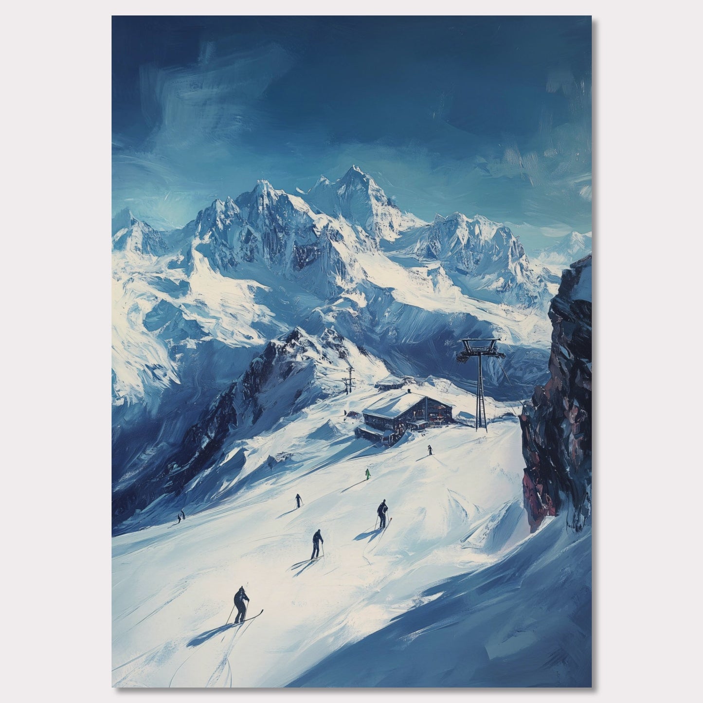 This vibrant, retro-style poster captures the excitement of skiing through the Swiss Alps, with skiers navigating fresh powder beneath towering, snow-covered peaks. The vast landscape and the thrill of the descent evoke a sense of freedom and adventure. The vintage typography and warm colors enhance the adventurous spirit, making it a perfect invitation to explore the slopes of the Swiss Alps and experience the rush of alpine skiing.