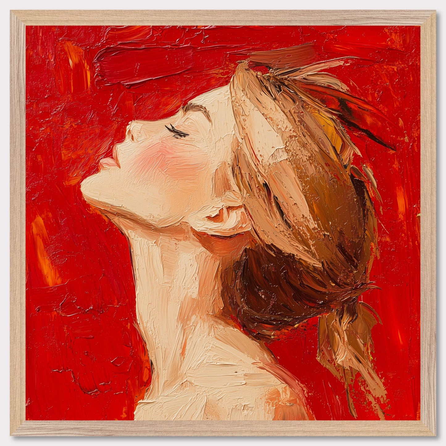 This is an illustration of a woman with her head tilted back and eyes closed, set against a vibrant red background. The artwork is characterized by thick, textured brushstrokes that give it a dynamic and expressive quality.