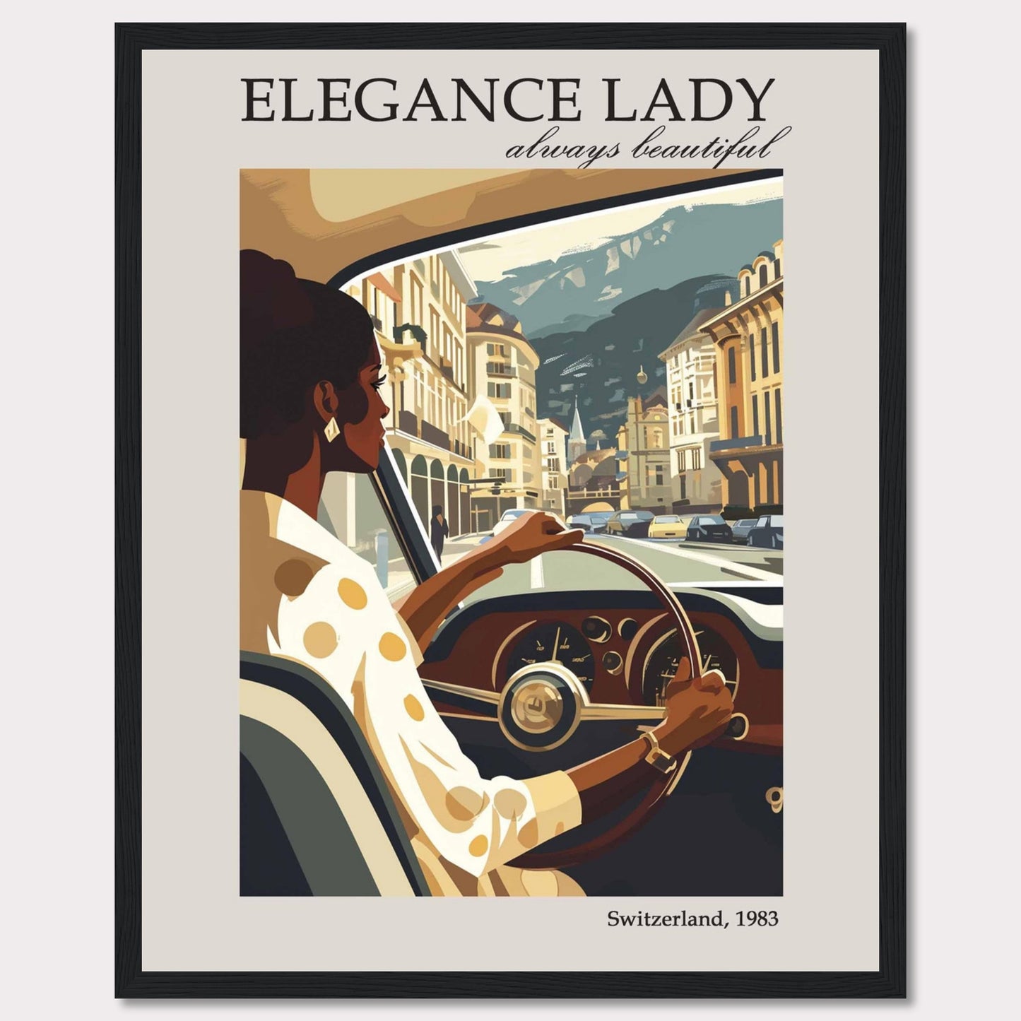 This image depicts a stylish woman driving through a picturesque European city, exuding elegance and confidence.