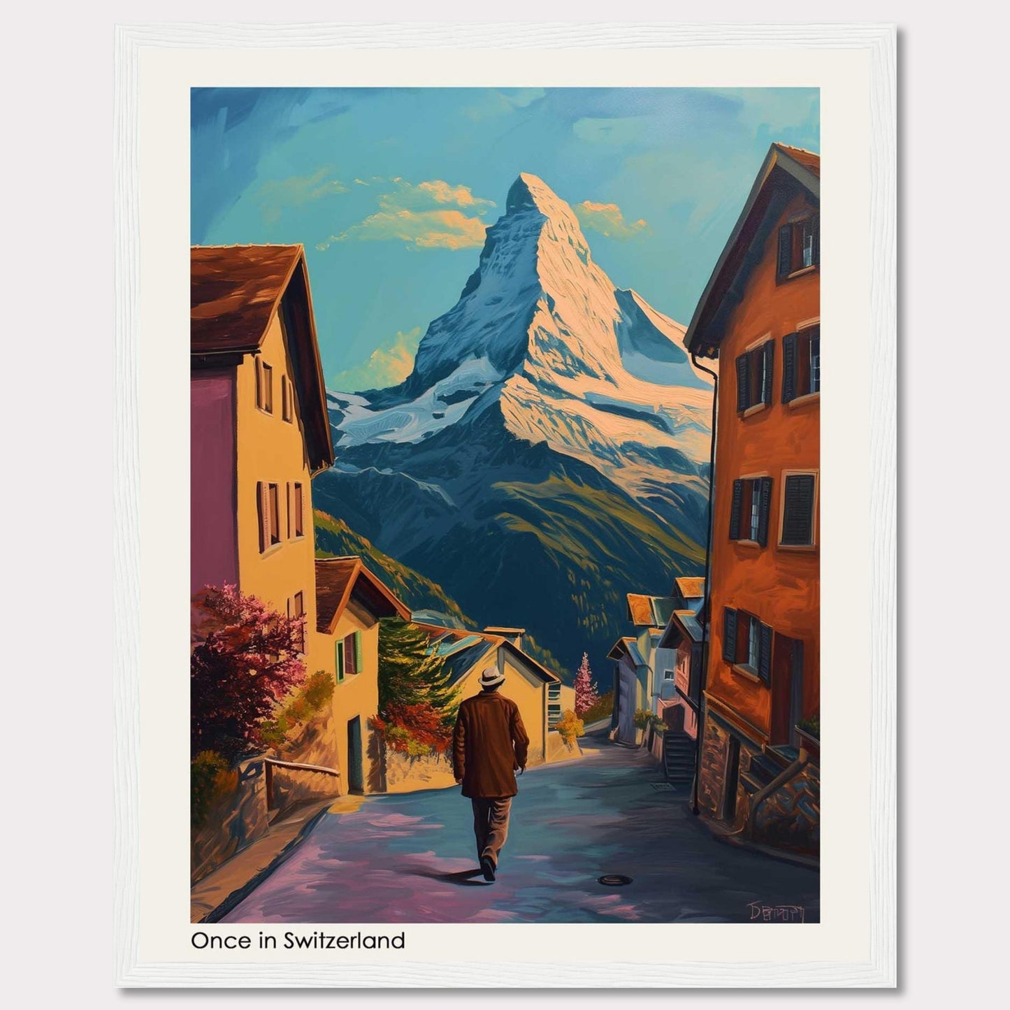 This beautiful painting captures a serene Swiss village with the majestic Matterhorn mountain in the background. The scene features charming houses, a lone figure walking down the street, vibrant foliage, and a clear blue sky.