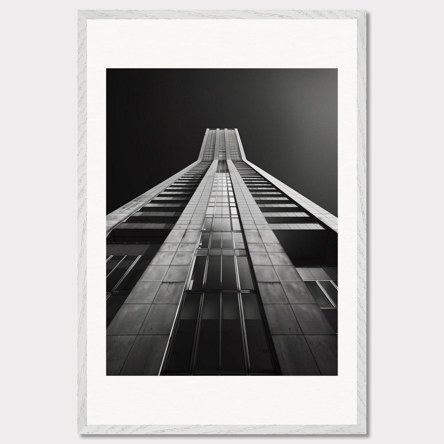 This striking black and white photograph captures the awe-inspiring perspective of looking up at a towering skyscraper. The image emphasizes the sleek lines and modern architecture, drawing the viewer's eye upwards towards the sky.