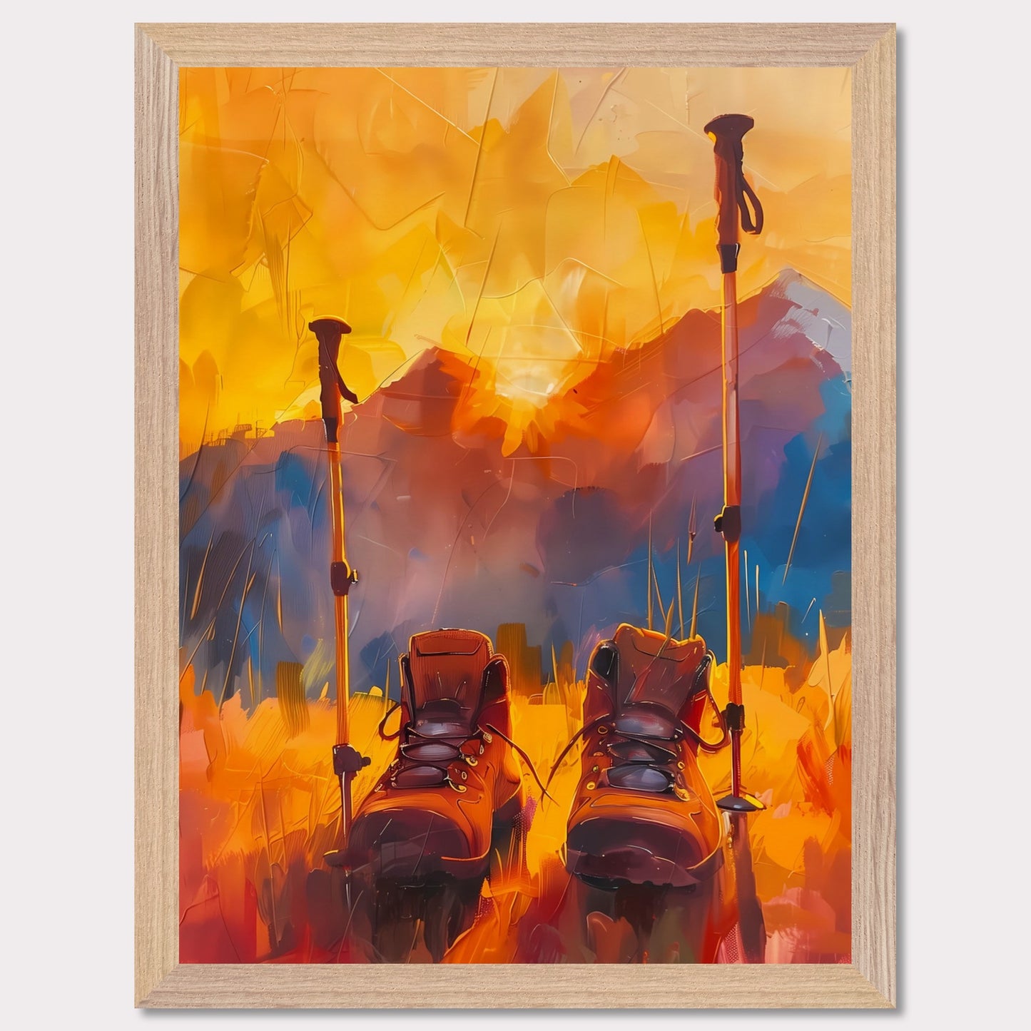 This illustration depicts a pair of hiking boots and trekking poles set against a vibrant, abstract background of mountains and a sunset.