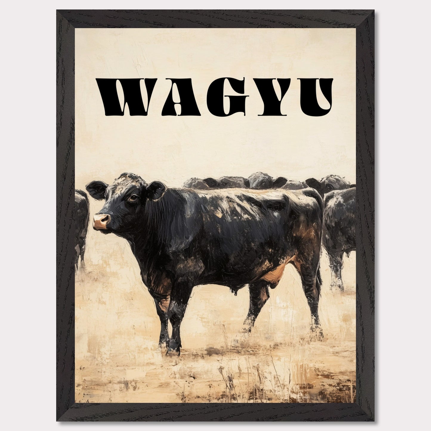 This image features a striking illustration of a Wagyu cow standing prominently in the foreground. The word "WAGYU" is boldly displayed at the top in large, black letters. The background shows more cows, adding depth to the scene.