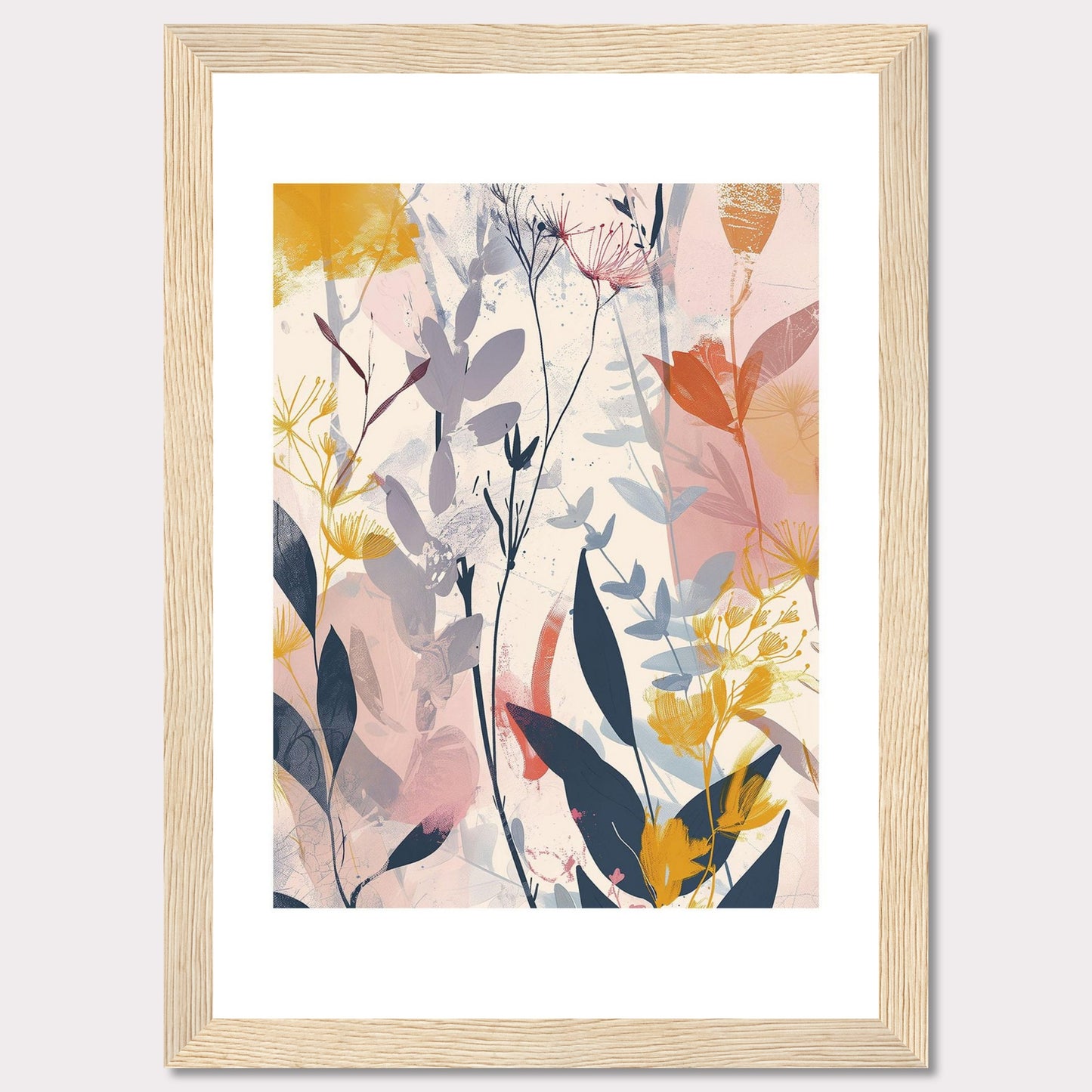 This image showcases a beautiful abstract botanical art print. It features a blend of soft and vibrant colors, depicting various plant forms and leaves.