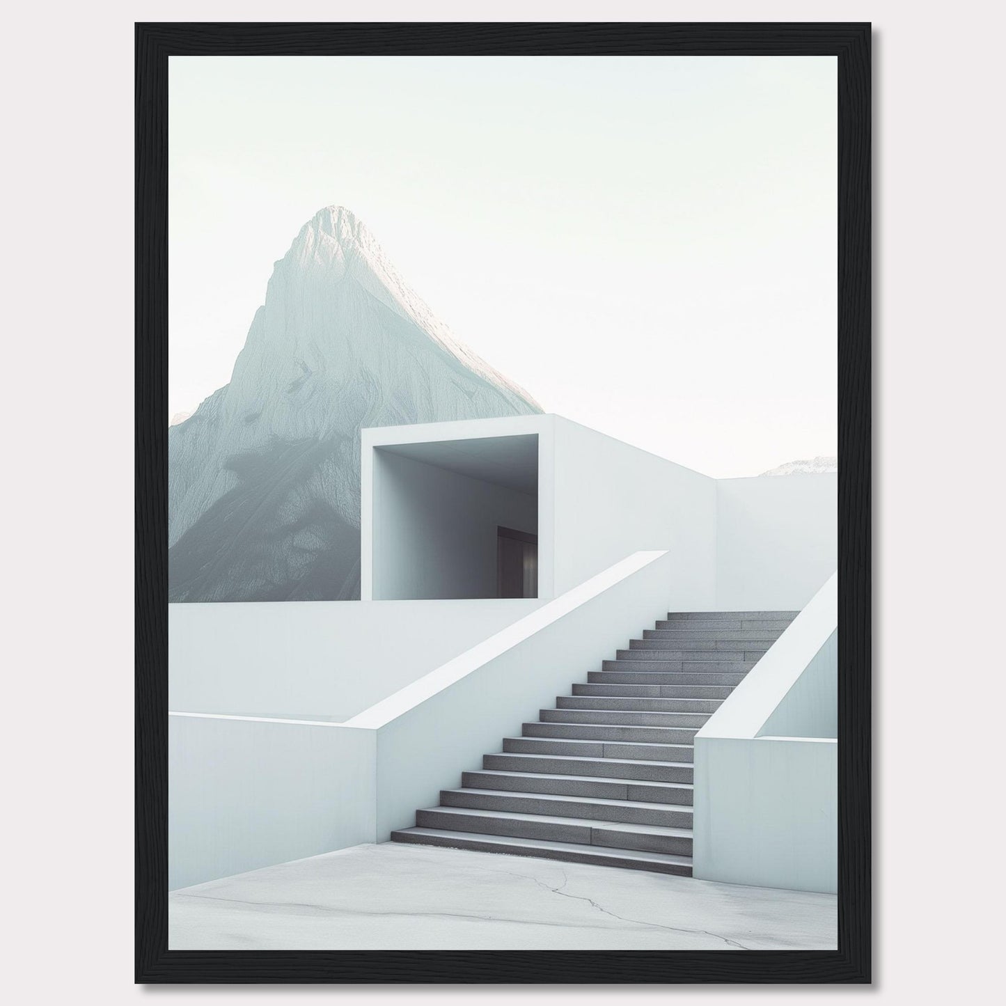 This minimalist artwork features a serene mountain backdrop with a modern architectural staircase leading to a simple, open structure. The clean lines and soft color palette evoke a sense of tranquility and sophistication.