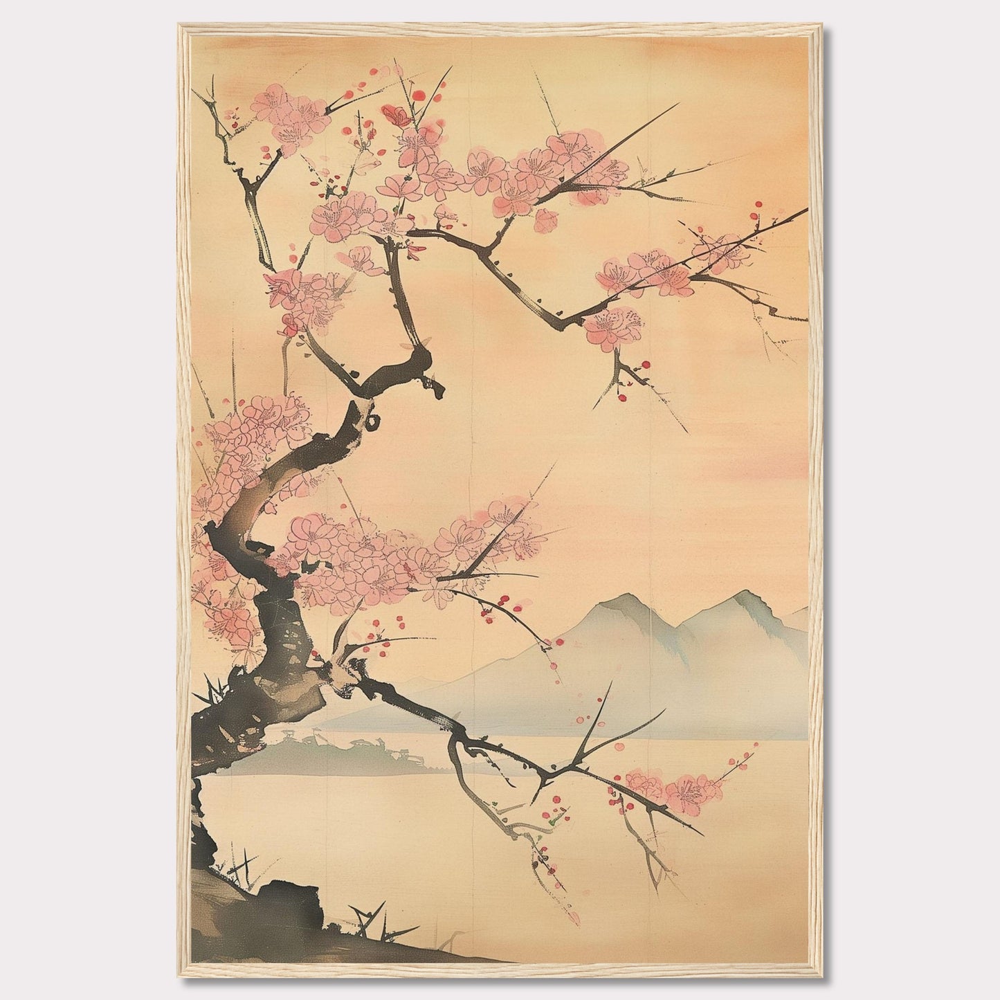 This beautiful artwork features a delicate cherry blossom tree in full bloom against a serene backdrop of distant mountains. The soft pastel hues create a tranquil and calming atmosphere, perfect for any living space.