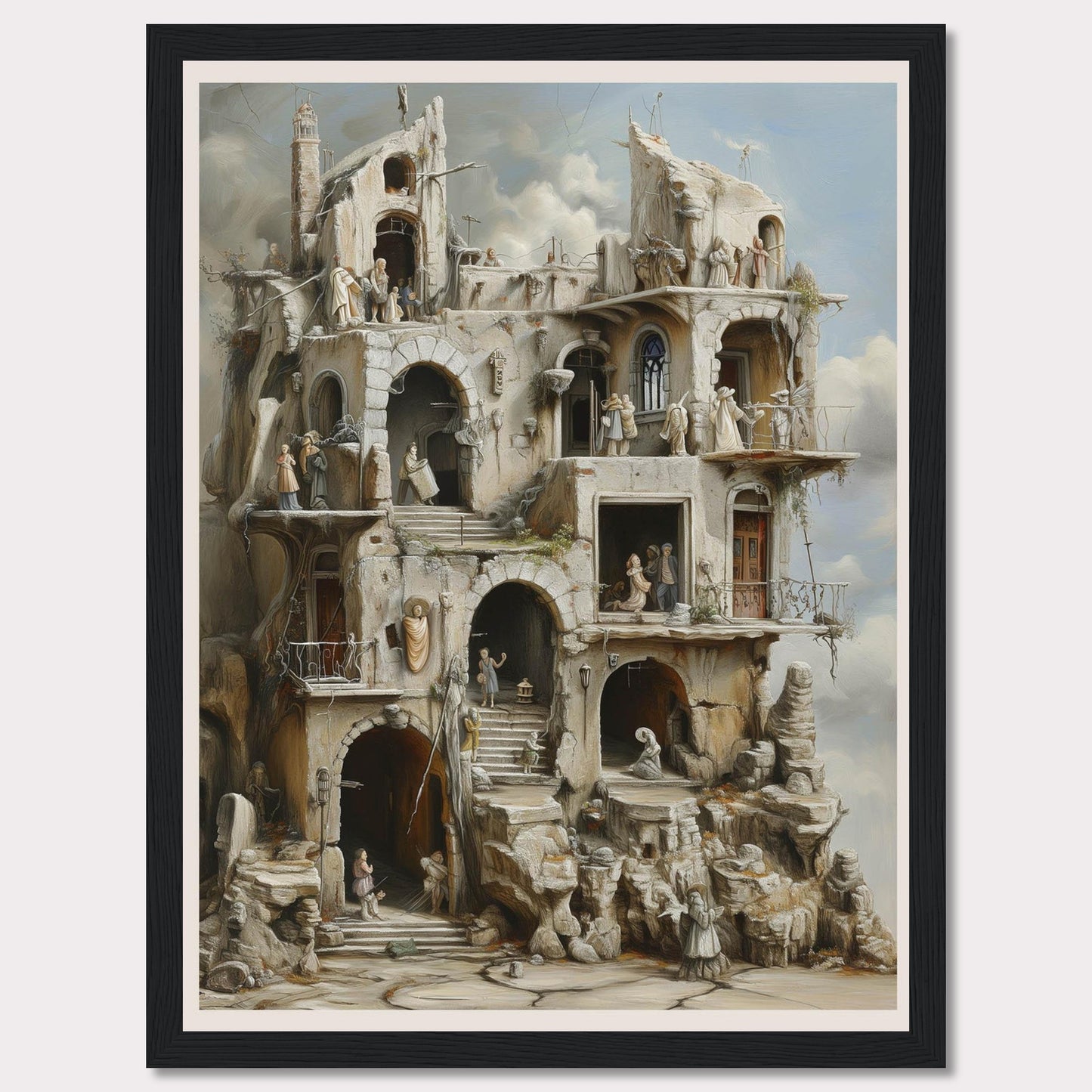 This captivating artwork portrays a surreal, multi-level structure with intricate details and numerous figures engaged in various activities. The scene exudes a sense of mystery and timelessness.