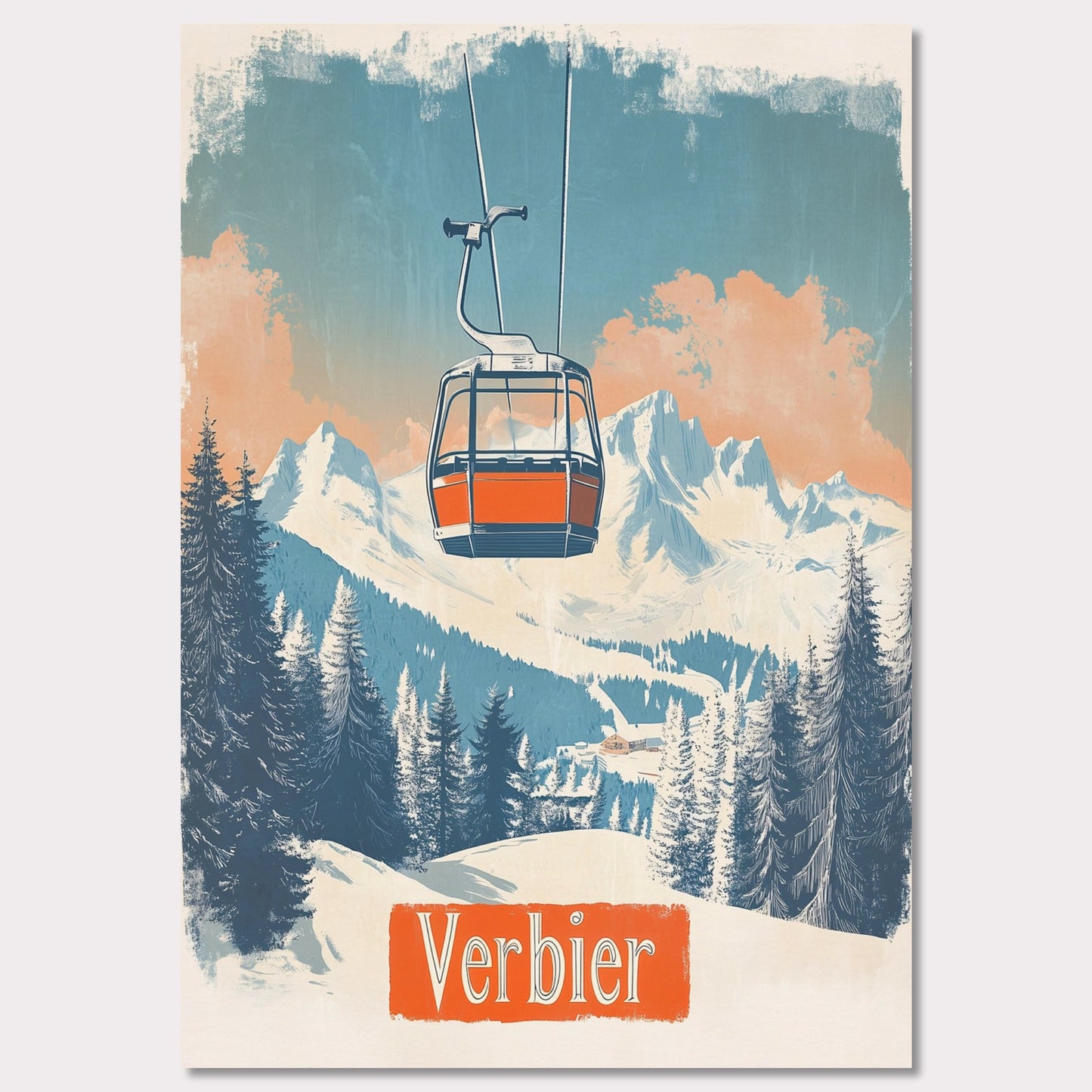 This picturesque retro-inspired poster showcases a vibrant orange gondola gracefully ascending the snowy mountainside of Verbier. The tranquil beauty of the landscape is captured with soft pastel tones in the sky, complemented by the rugged peaks in the distance. The modern gondola stands in contrast to the pristine, snow-covered trees, evoking a sense of peaceful adventure and the journey to the mountain’s summit. The vintage art style enhances the nostalgic vibe of alpine exploration.