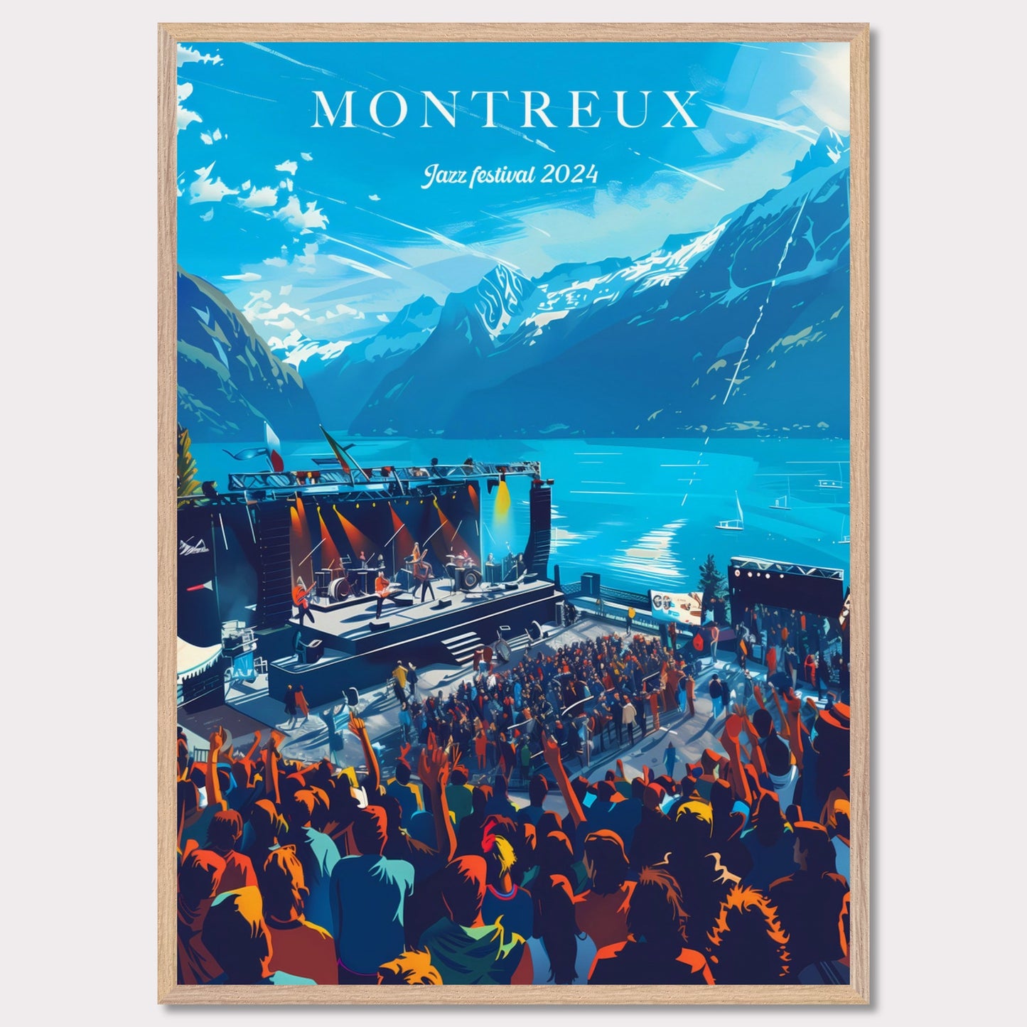 This vibrant poster showcases the Montreux Jazz Festival 2024, set against the stunning backdrop of Lake Geneva and the Swiss Alps. The image features a lively crowd enjoying a performance on an outdoor stage, with musicians playing under a clear blue sky.