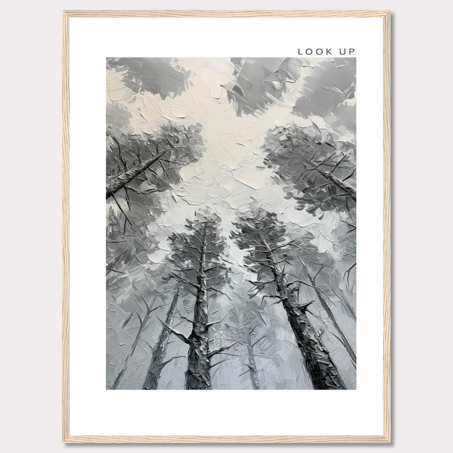 d79a5113-8aThis image depicts an artistic rendering of tall trees viewed from the ground looking up, creating a sense of depth and wonder. The artwork is framed in black with the words "LOOK UP" at the top right corner.cb3-4fbc-a7b3-819eaced6291