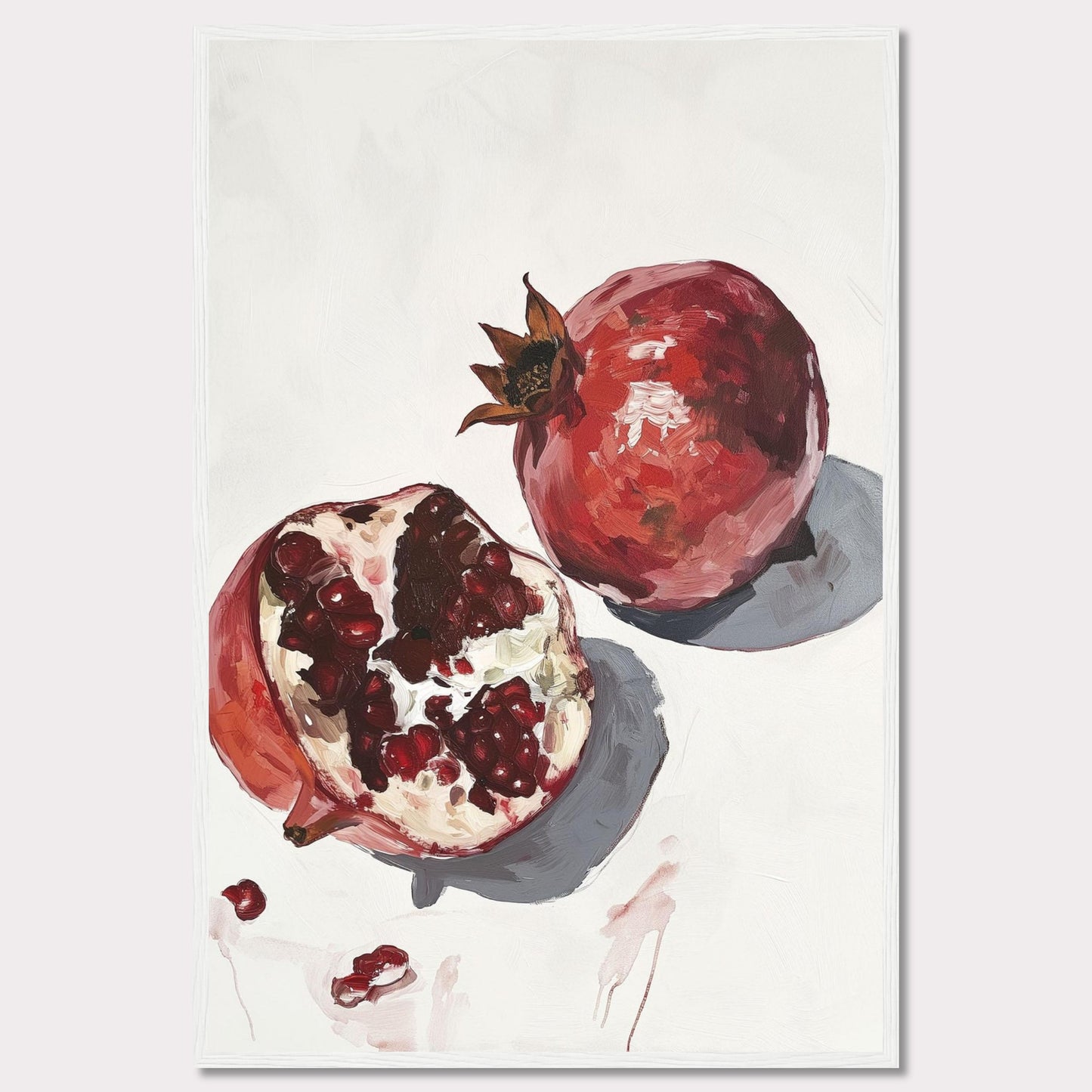 This captivating artwork features a detailed painting of two pomegranates, one whole and one halved, showcasing the vibrant red seeds. The minimalist background highlights the rich colors and textures of the fruit, making it a striking piece for any space.