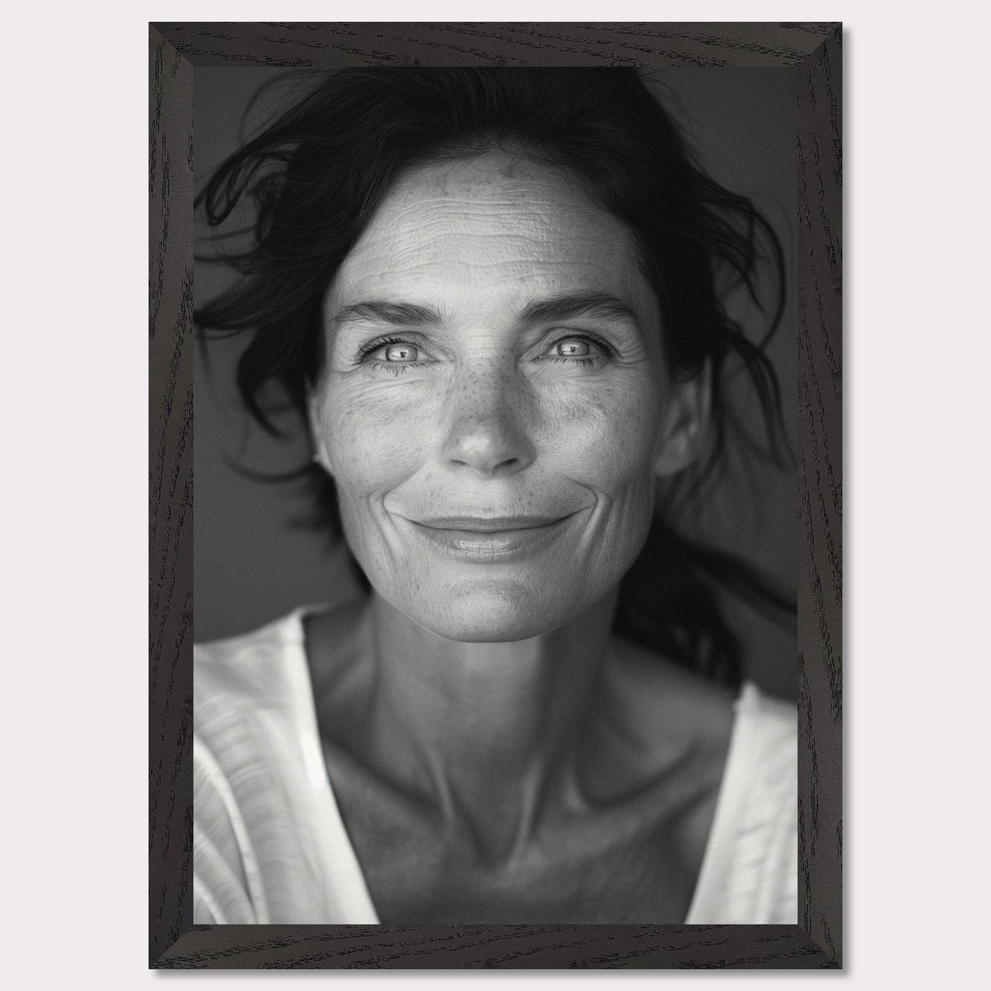 This black and white portrait captures the serene and confident expression of a woman with striking eyes and a gentle smile. The image highlights her natural beauty, emphasizing her freckles and the texture of her skin.