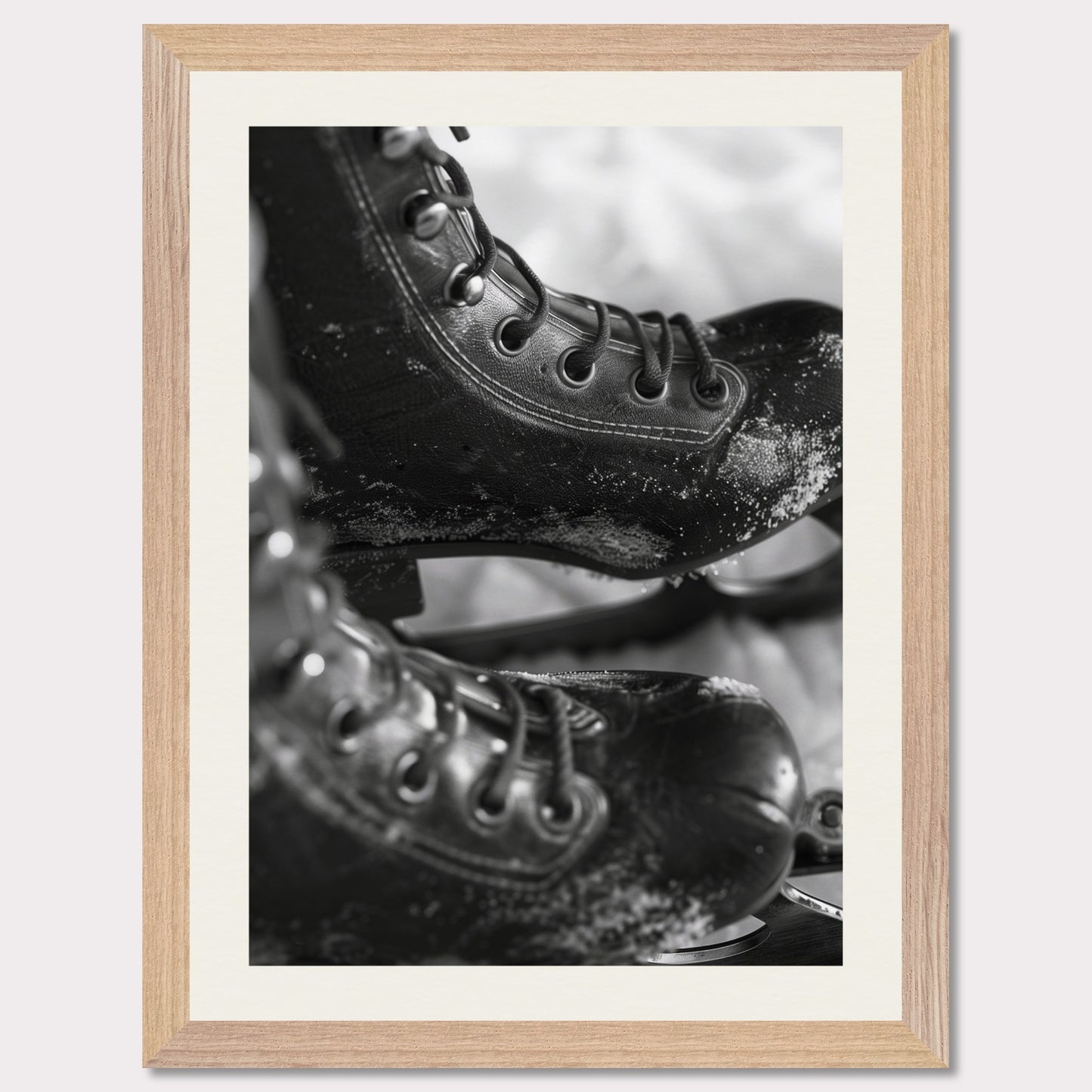 This illustration shows a close-up of a pair of ice skates with laces and blades, featuring a frosty texture. The black-and-white image captures the details of the skates, emphasizing their rugged and worn appearance. 