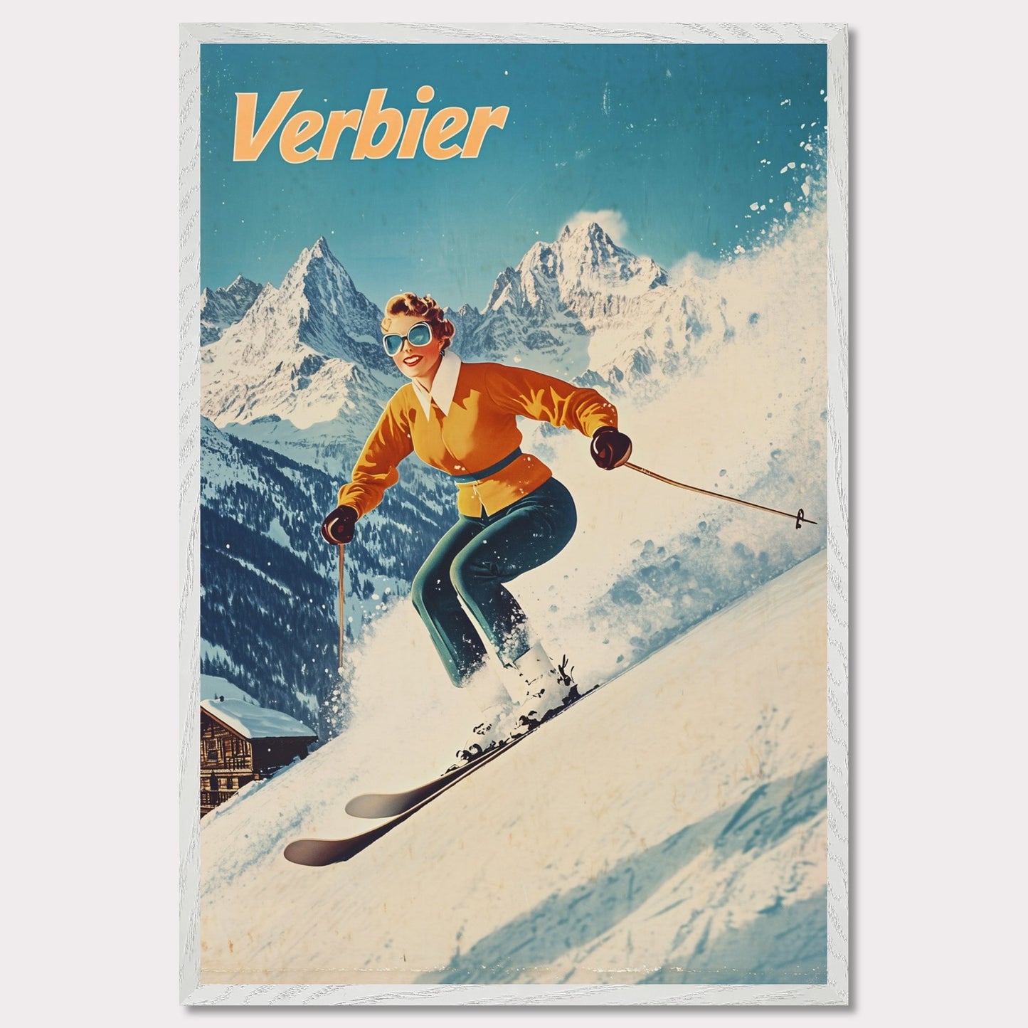 This vibrant retro poster captures the thrilling energy of skiing in Verbier, featuring a skier in a bright orange jacket racing down the slopes. The bright, clear sky contrasts beautifully with the snow-covered terrain and rugged mountain backdrop. The skier’s joyful expression, paired with the iconic Verbier mountains, evokes the excitement and adventure of alpine skiing. The vintage art style adds a timeless touch, bringing out the spirit of winter sports.