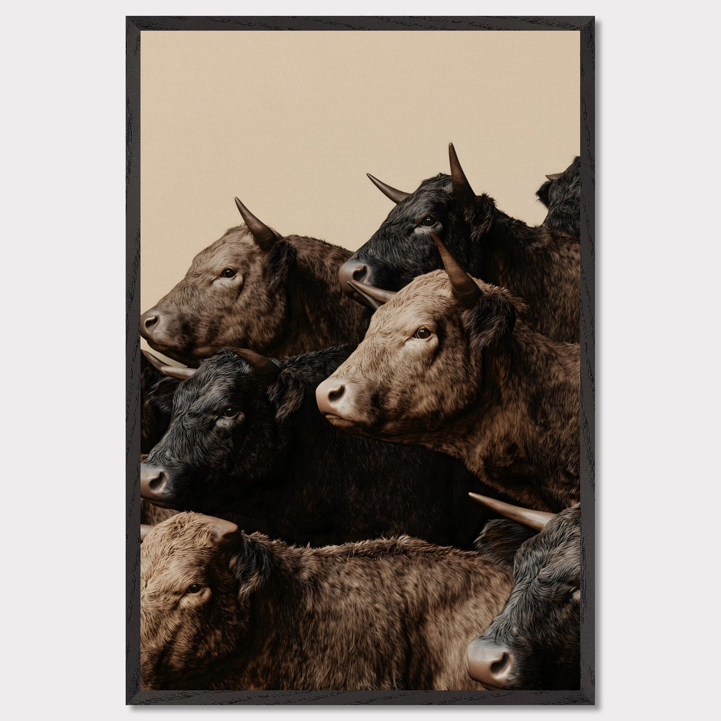 This illustration depicts a group of oxen with varying shades of brown and black fur, closely packed together against a plain beige background.

This poster will fit well in rustic or farmhouse-style interiors, animal-themed spaces, or art collections focusing on wildlife.