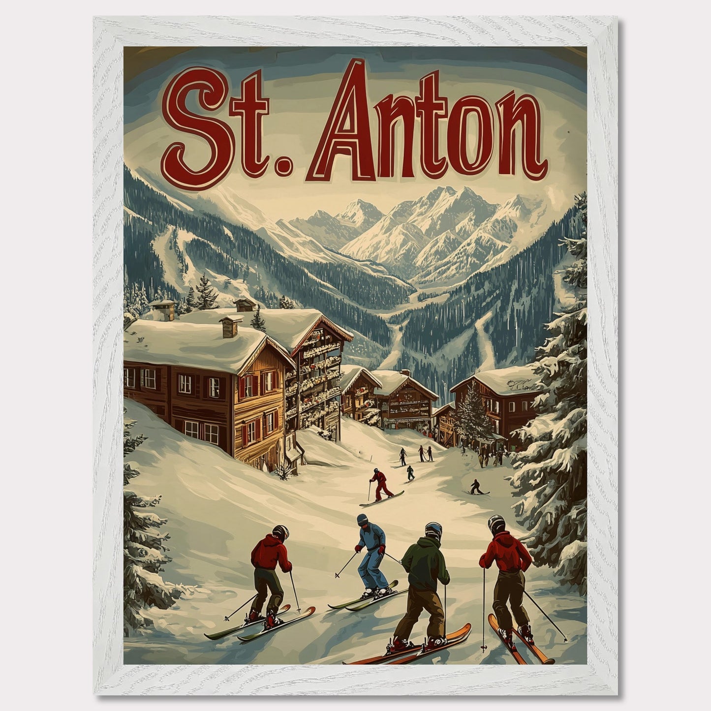 This stunning vintage-inspired poster depicts the idyllic town of St. Anton nestled beneath towering snow-capped peaks. The ski slopes are alive with activity, with skiers descending toward the charming wooden chalets. The warm hues in the sky add a sense of tranquility to the winter landscape, while the retro typography and art style transport the viewer to a time when winter holidays in the Alps were the height of elegance and adventure.