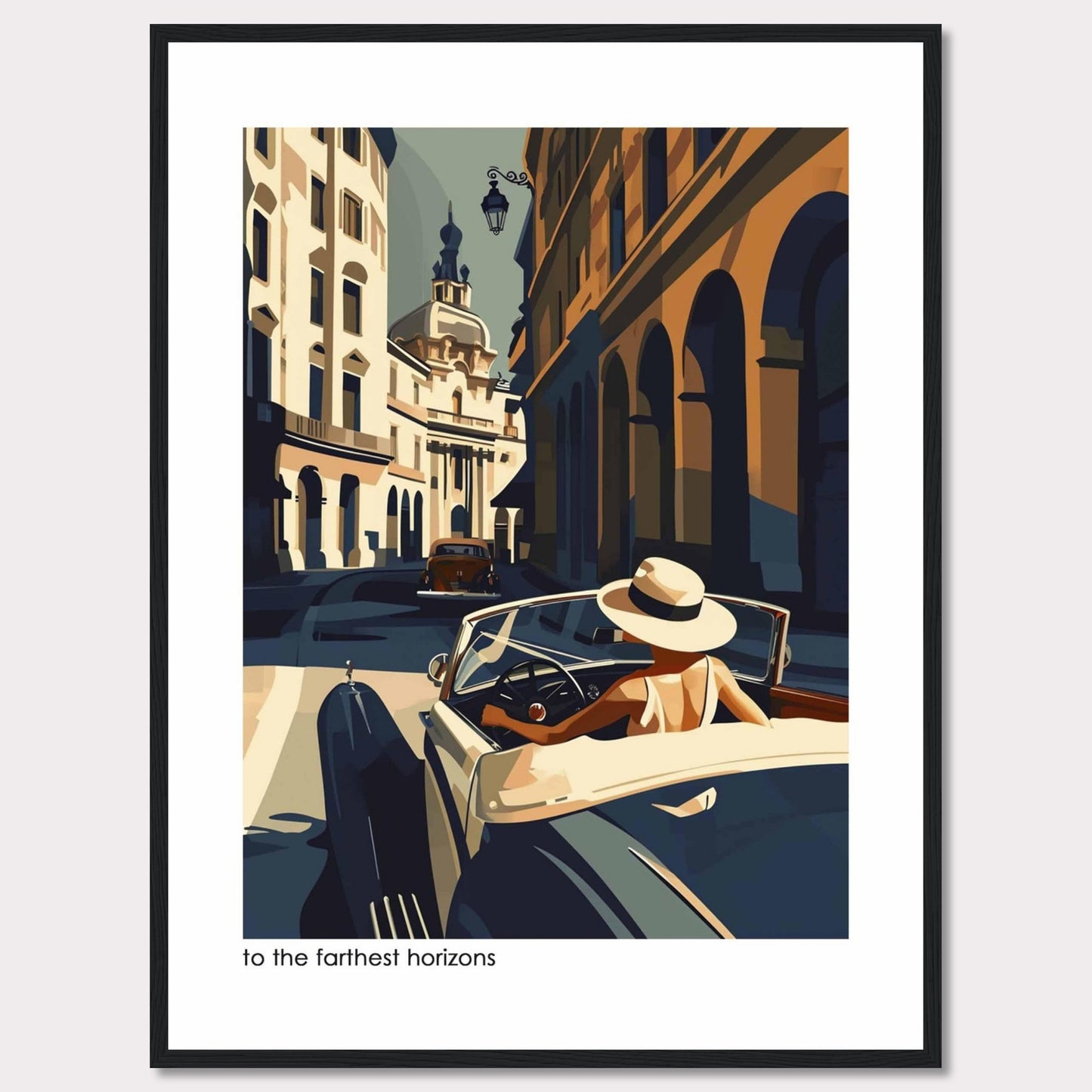 This captivating artwork depicts a stylish individual driving a vintage car through a charming, sunlit European street. The scene is filled with architectural beauty, showcasing classic buildings and a serene atmosphere.