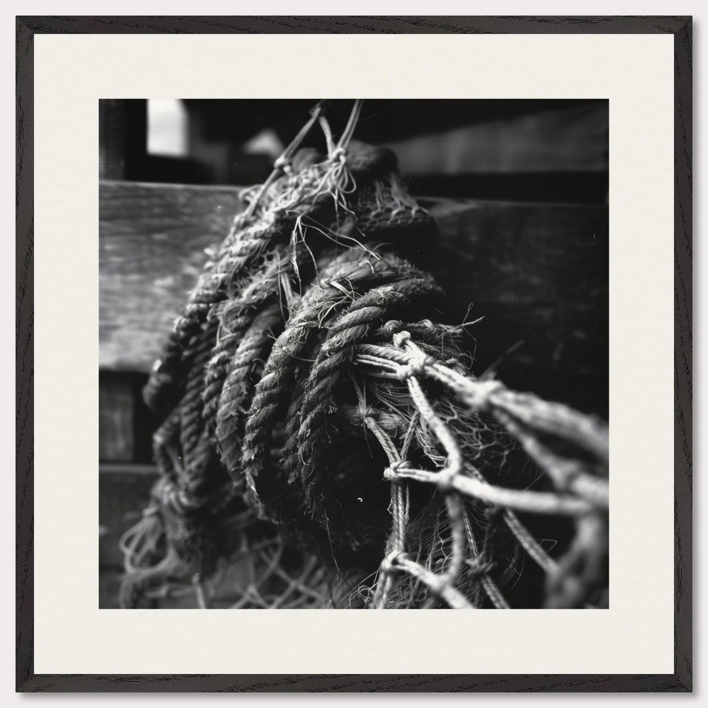 This is a black and white illustration of coiled ropes and fishing nets. The image captures the textures and details of the ropes and nets, emphasizing their rough and worn appearance.