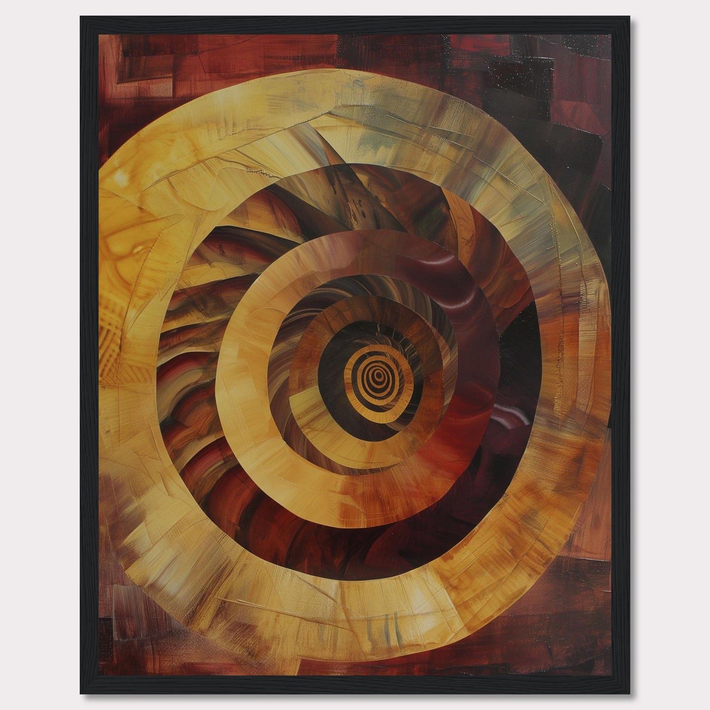 This captivating abstract painting features a mesmerizing spiral design, drawing the viewer into its depths. The artwork is dominated by warm tones of red, orange, and yellow, creating a sense of movement and energy.