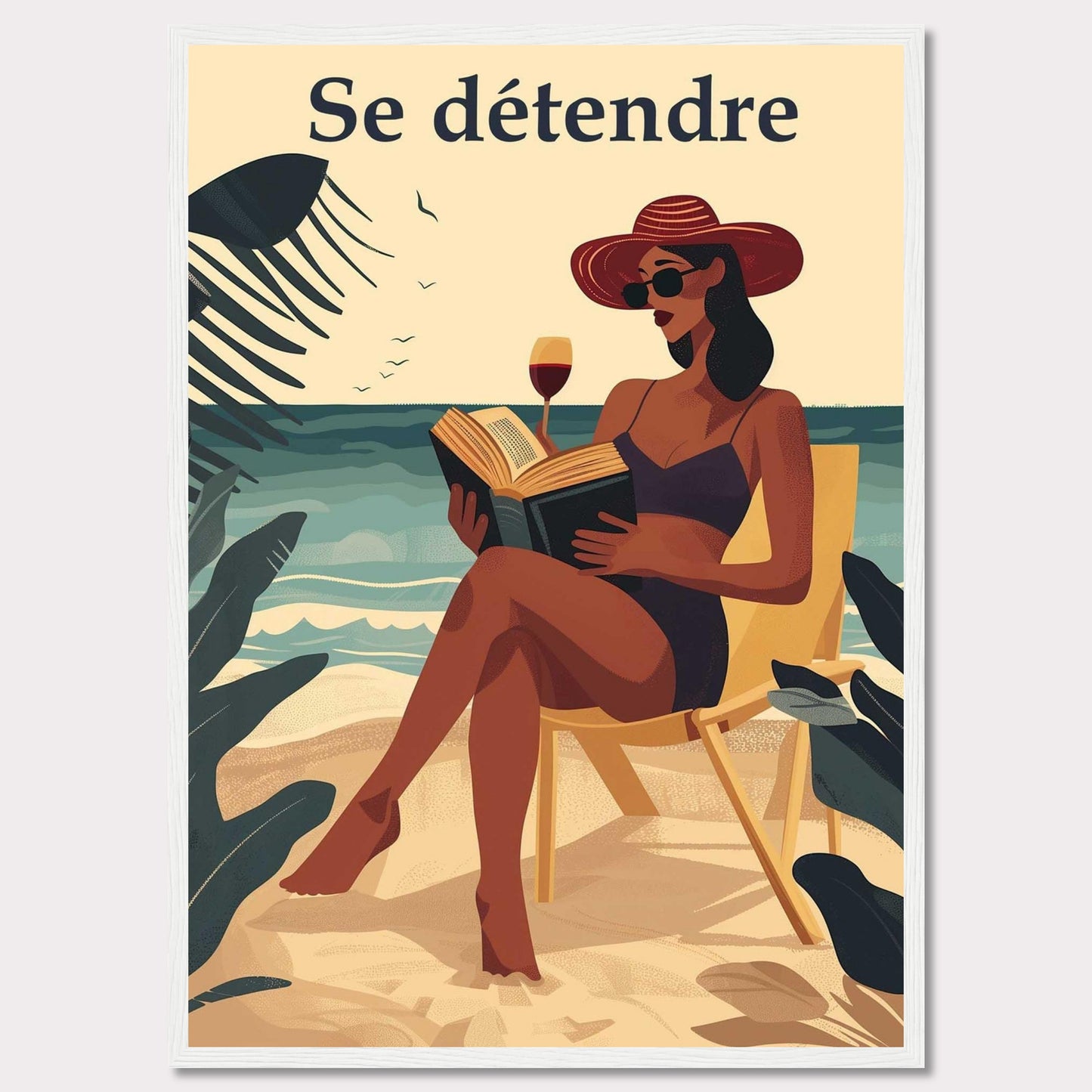 This illustration captures a serene beach scene with a woman relaxing on a chair, reading a book, and enjoying a glass of wine. The text "Se détendre" at the top translates to "Relax" in English.