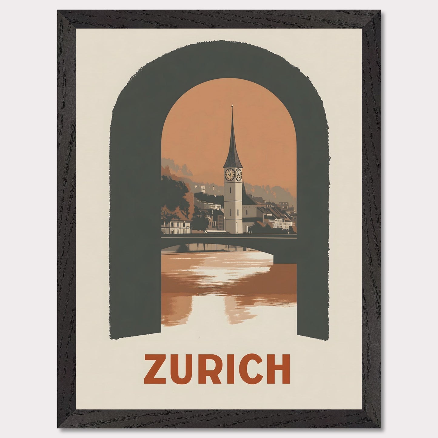 A sophisticated poster featuring Zurich’s historic clock tower, framed through an arched window. The blend of soft tones and bold composition creates a striking visual balance.