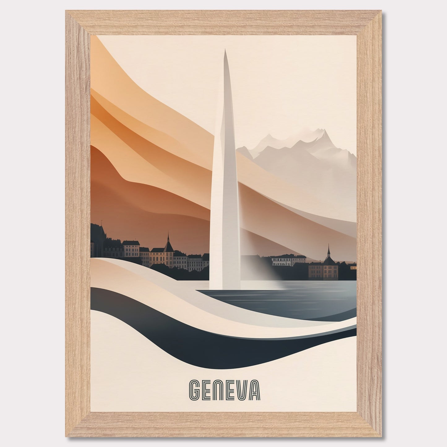 A modern and elegant poster of Geneva’s famous Jet d’Eau fountain, seamlessly blending into the landscape. Smooth curves and warm hues create a sense of fluidity and movement.