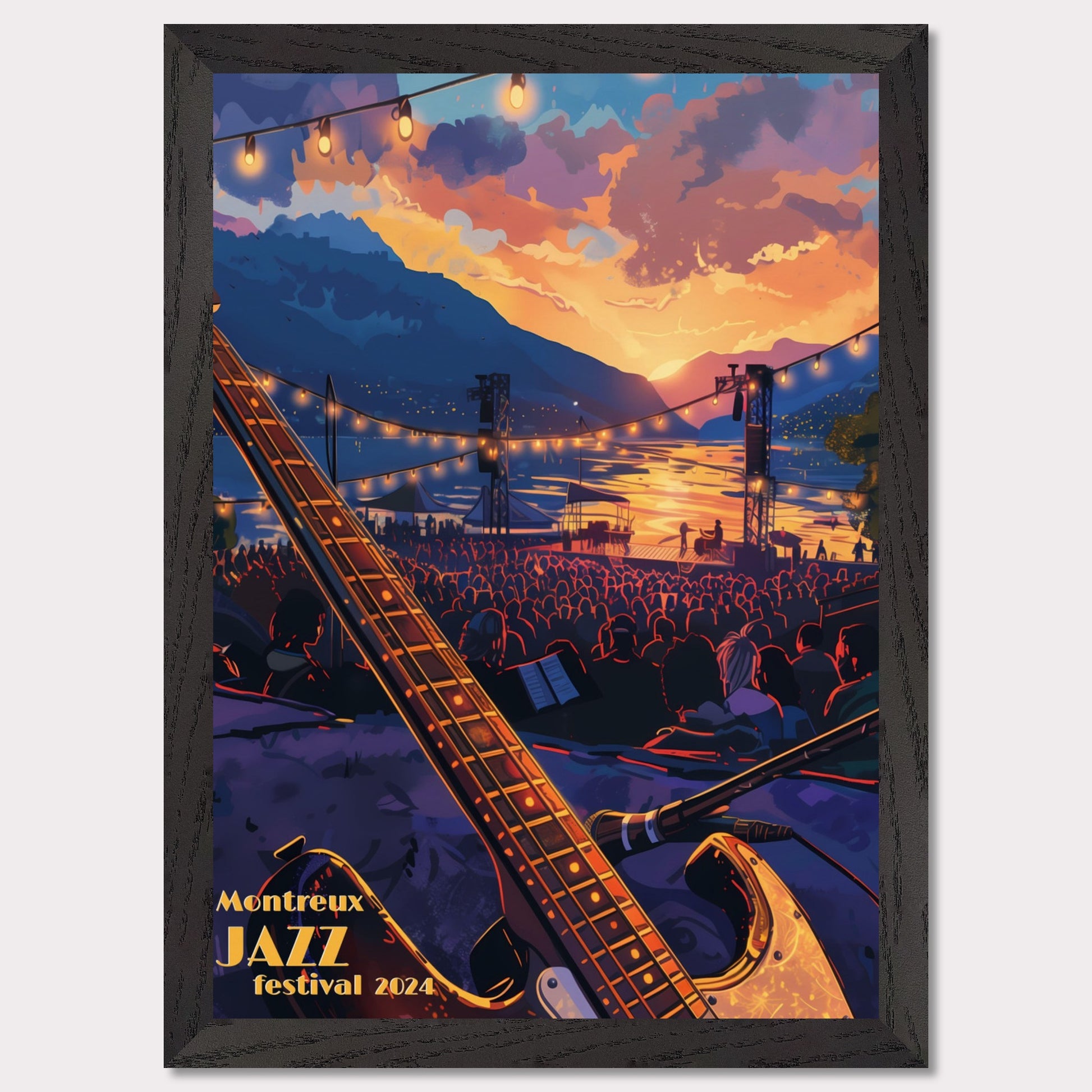 This vibrant poster captures the essence of the Montreux Jazz Festival 2024. Set against a breathtaking sunset over a serene lake, the scene is filled with an audience eagerly awaiting the performance. An electric guitar in the foreground hints at the musical magic to come, while string lights add a festive ambiance.