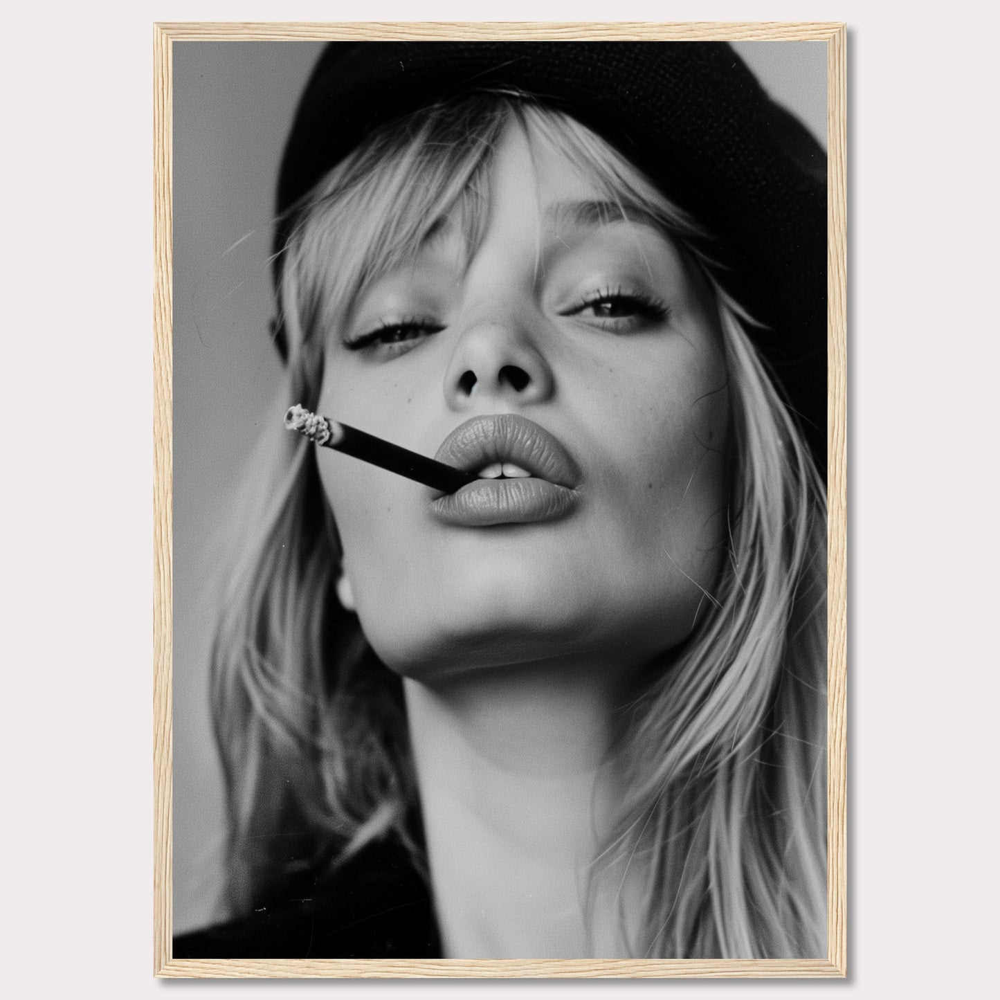 This striking black and white portrait captures a woman with a cigarette between her lips, exuding confidence and allure. Her intense gaze, slightly parted lips, and the casual placement of the cigarette create a bold and edgy aesthetic. The image is framed in a sleek black border, adding to its sophisticated appeal.